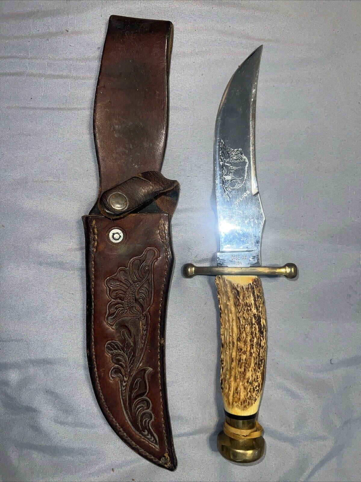 Vintage 1981 Case Nine Dot XX Kodiak Stag Handle Sheath Knife Made In USA 