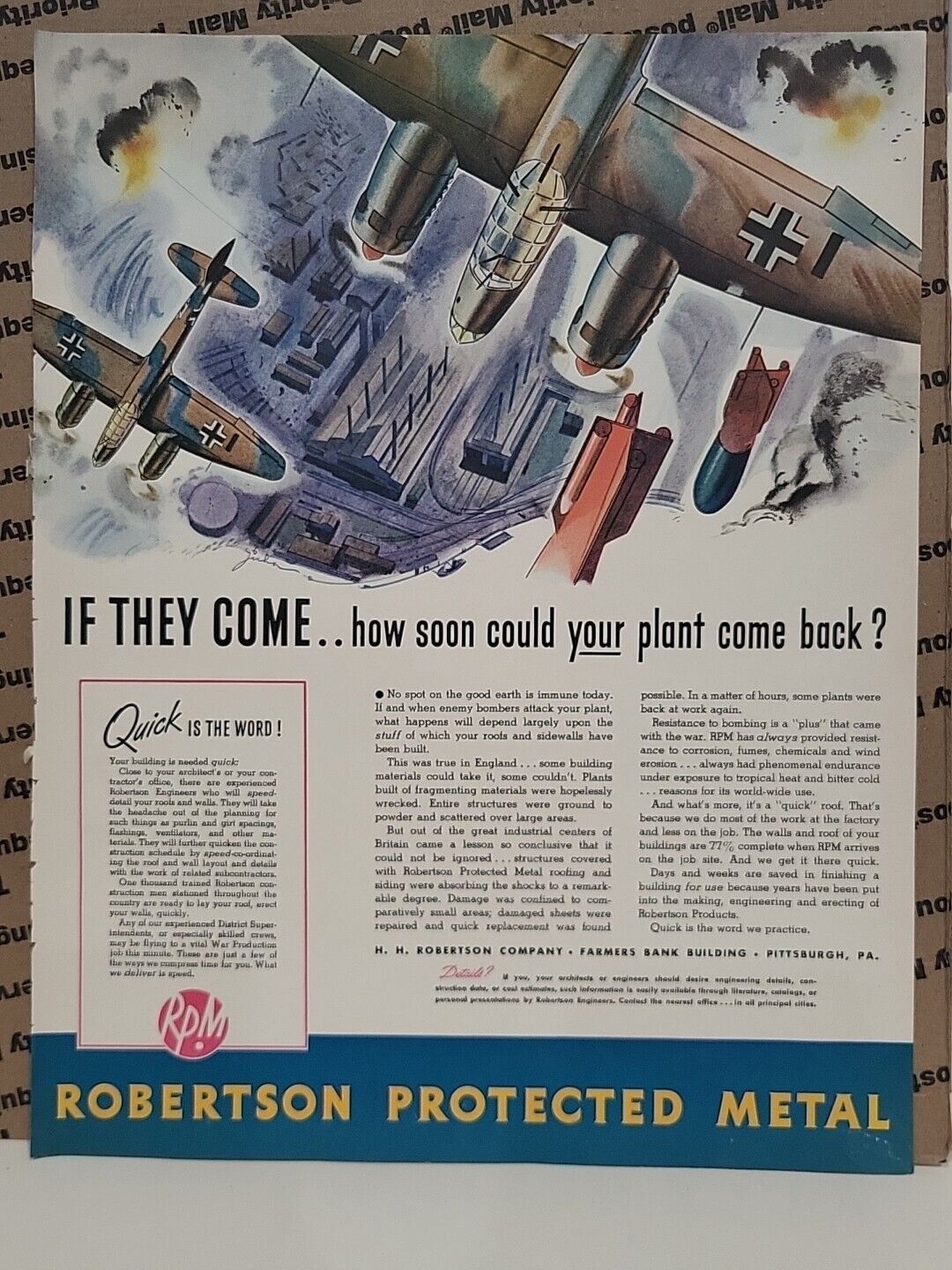 1942 Robertson Protected Metals Fortune WW2 Print Ad Q3 Bombers Bombs Factories