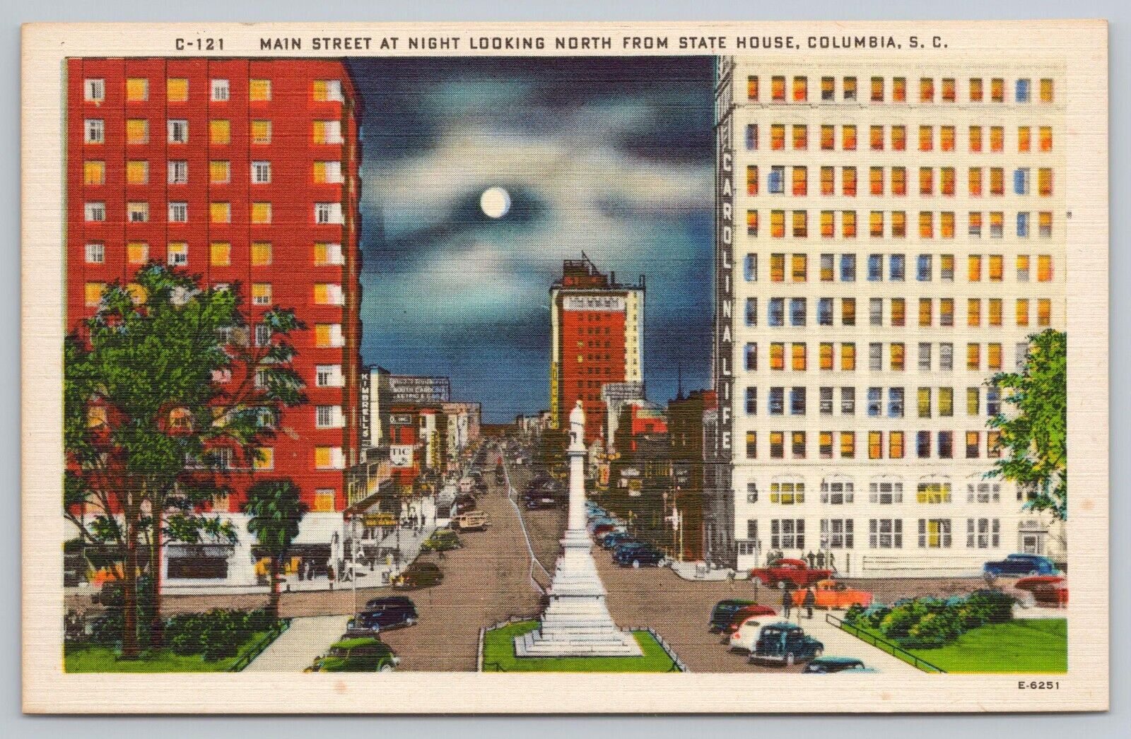 Main Street Looking North at Night Columbia South Carolina SC Linen Postcard