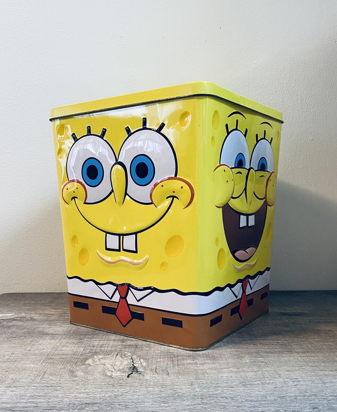Large Vintage Spongebob Squarepants Popcorn Tin Metal Storage Container 10”