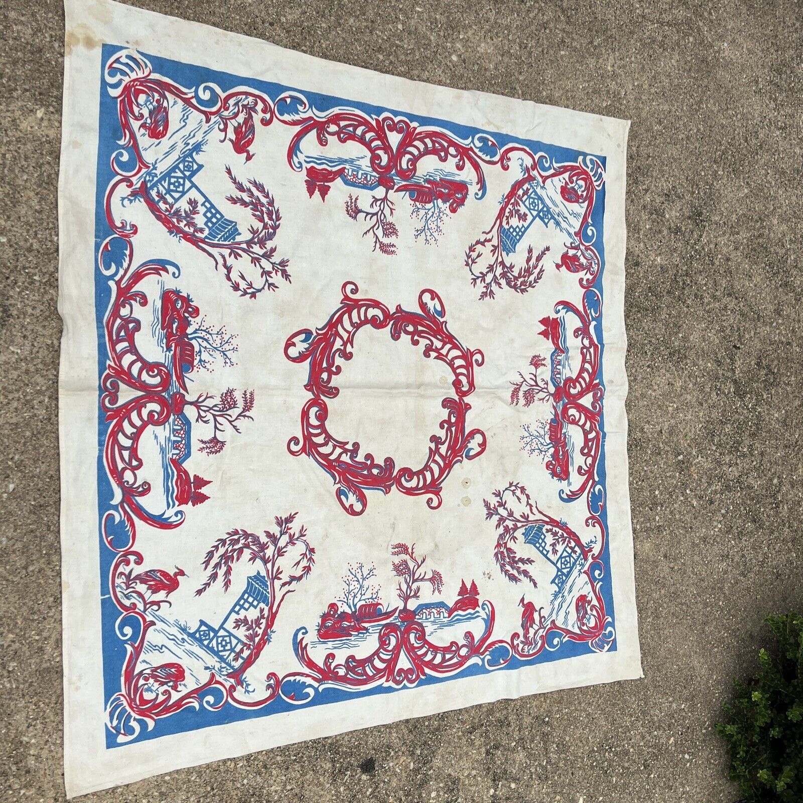 Pagoda Design Tablecloth Tree  44x42” Red Blue Boat Crane Vintage Print Textile