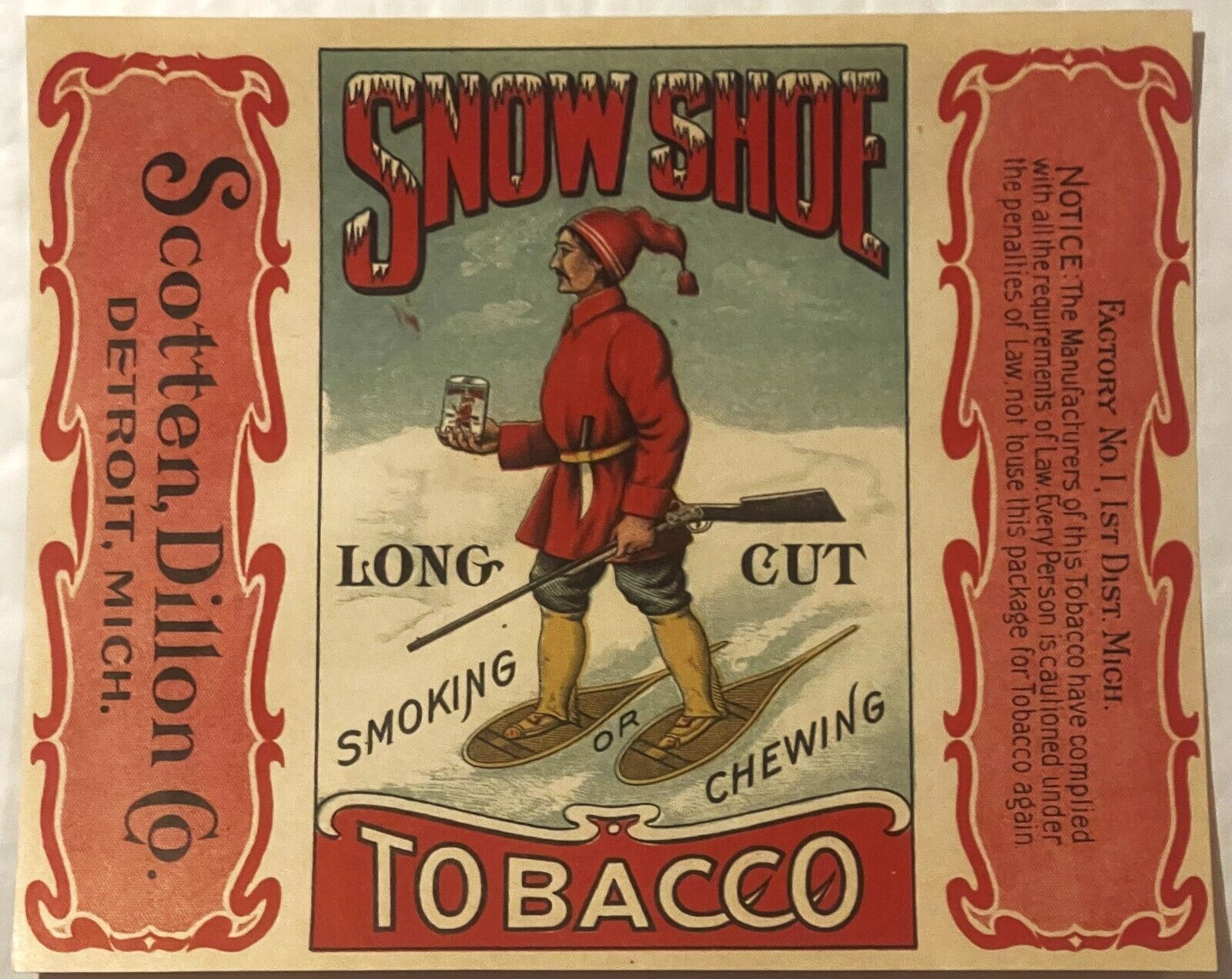 Very Rare Antique 1890s - 1900 Snowshoe Tobacco Label 🏔️, Detroit, MI ❄️