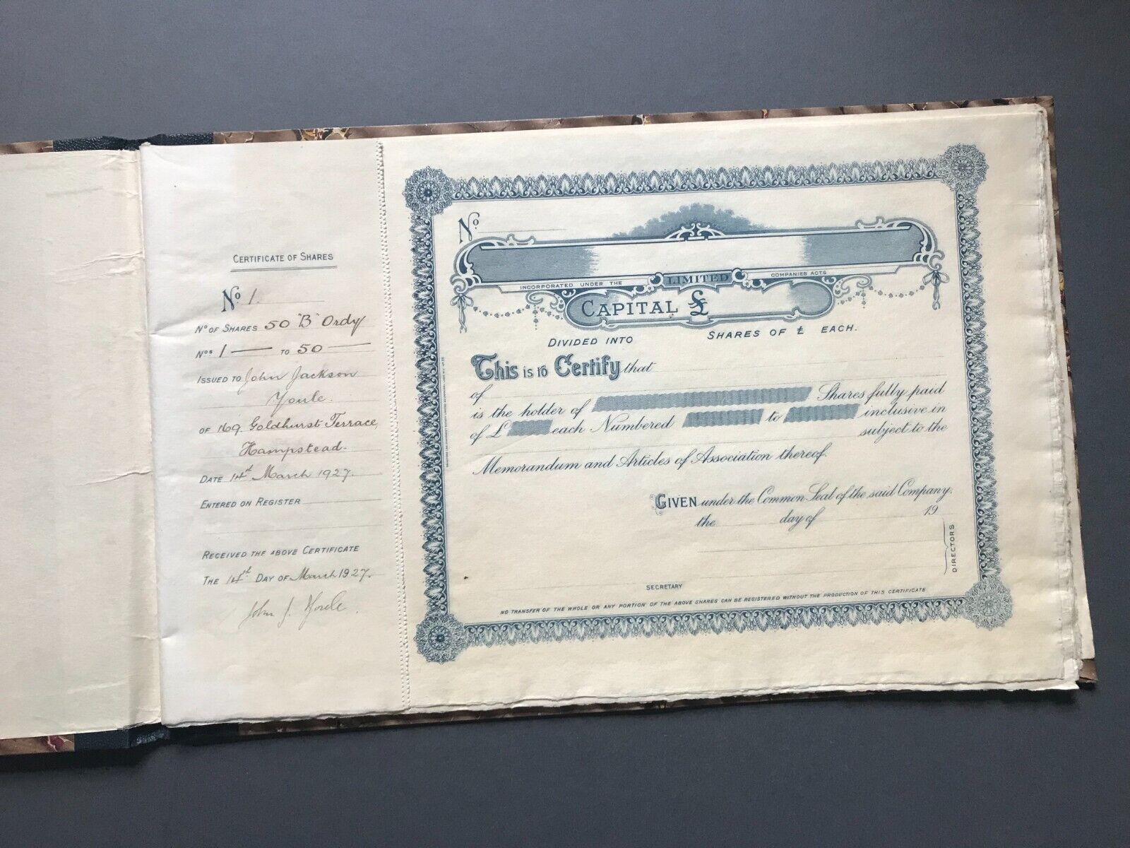 Vintage 1927  Blank Share Certificate Book x 21 / B Ordinary Shares Issued