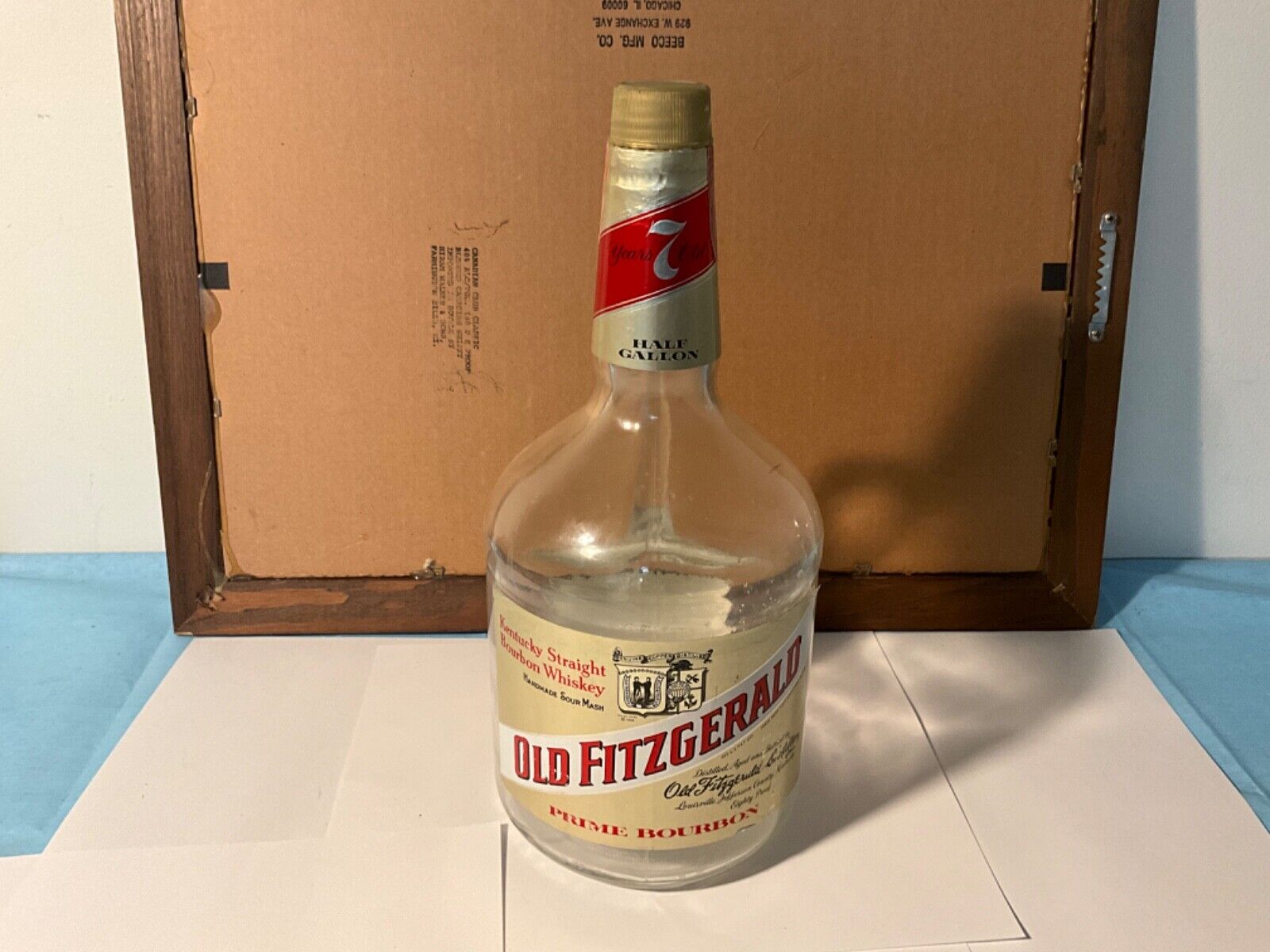 OLD FITZGERALD HALF GALLON GLASS WHISKEY BOTTLE , EMPTY, MID 70'S WITH RED TAX