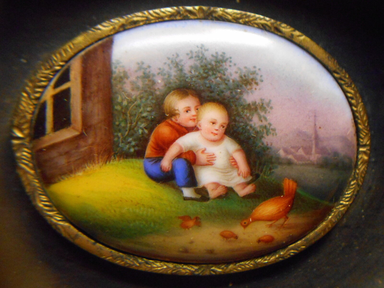 Antique Miniature Framed Painting On Porcelain Medallion - Children & Chickens