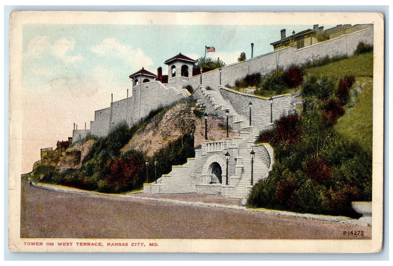 1915 Tower On West Terrace Entrance Stairs Lamp Kansas City Missouri MO Postcard