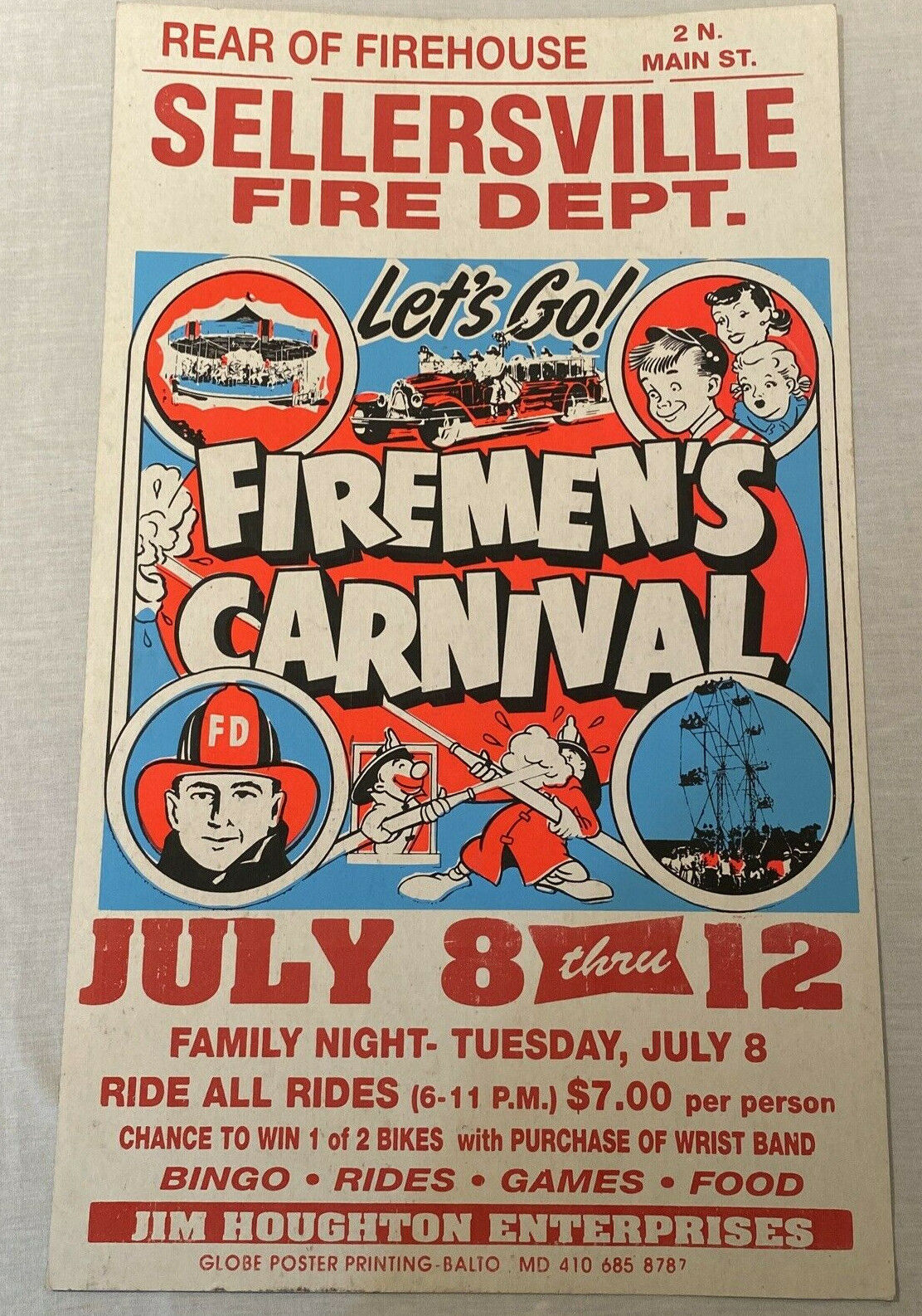 Vintage Sellersville Maryland Fire Dept 1990's Firemens Carnival Poster Globe Co