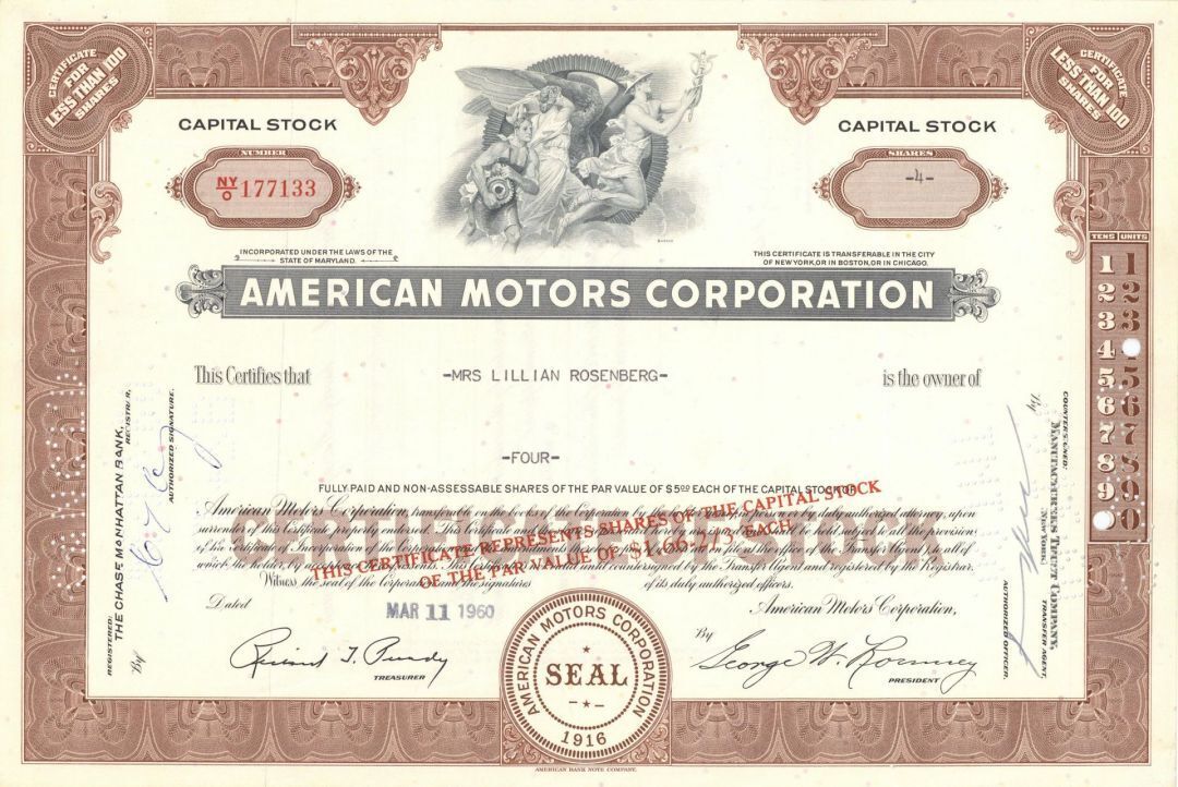 American Motors Corporation - 1950\'s-70\'s dated Automotive Stock Certificate - F