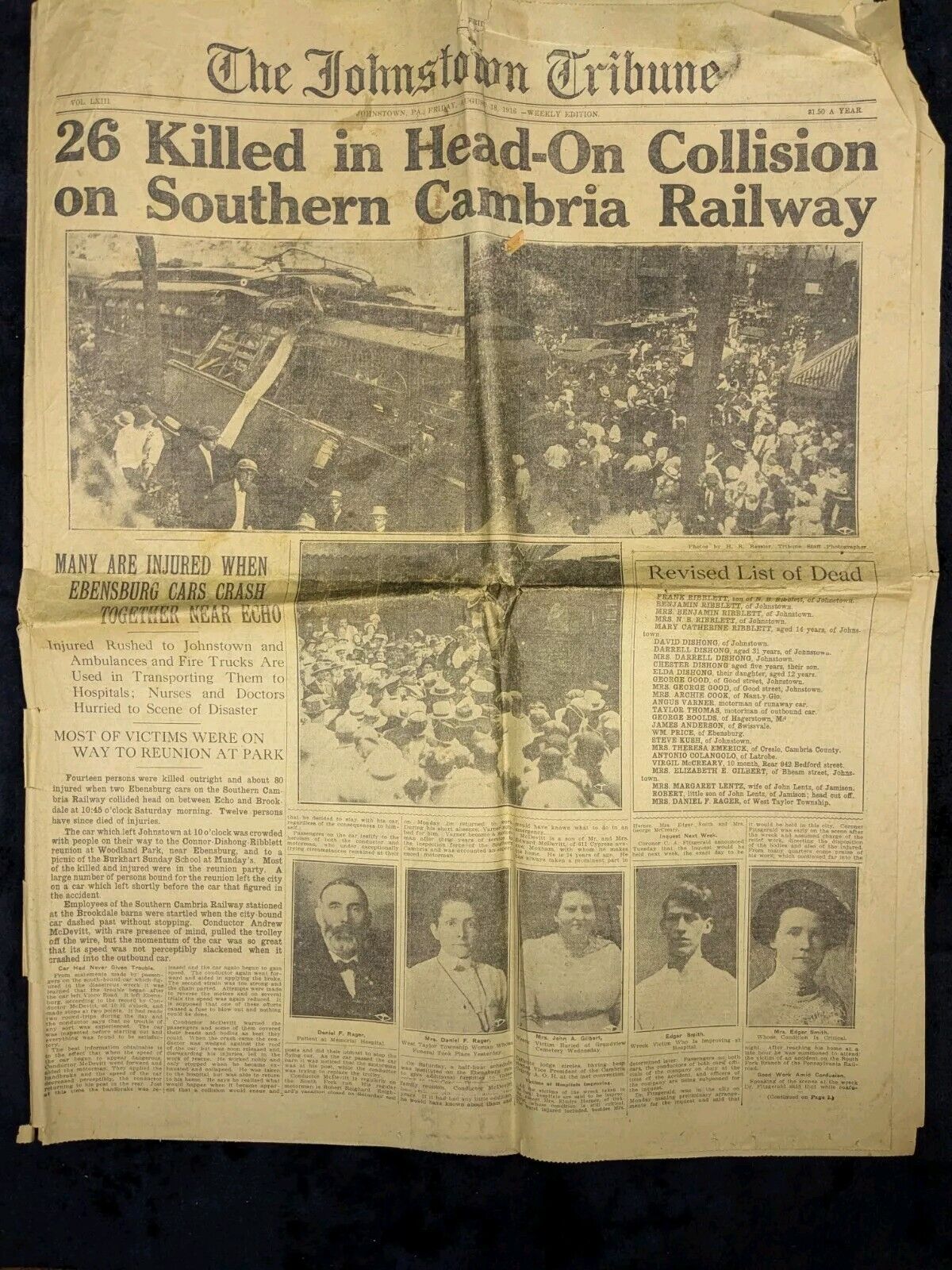 Antique Newspaper Train Wreck 1916 Johnstown PA Southern Cambria Railway 