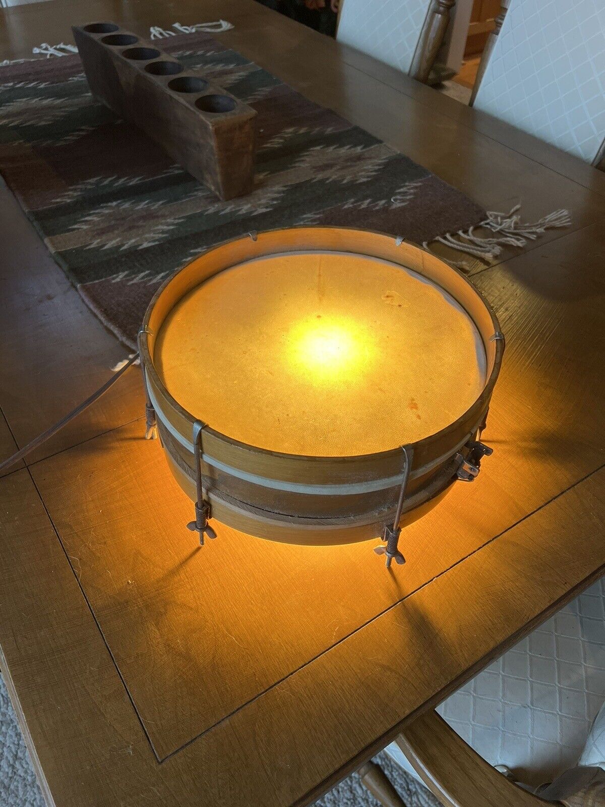 Antique Vintage Wood Snare Drum LAMP Wooden Drum MCM LAMP Decoration 12”x 4.5”