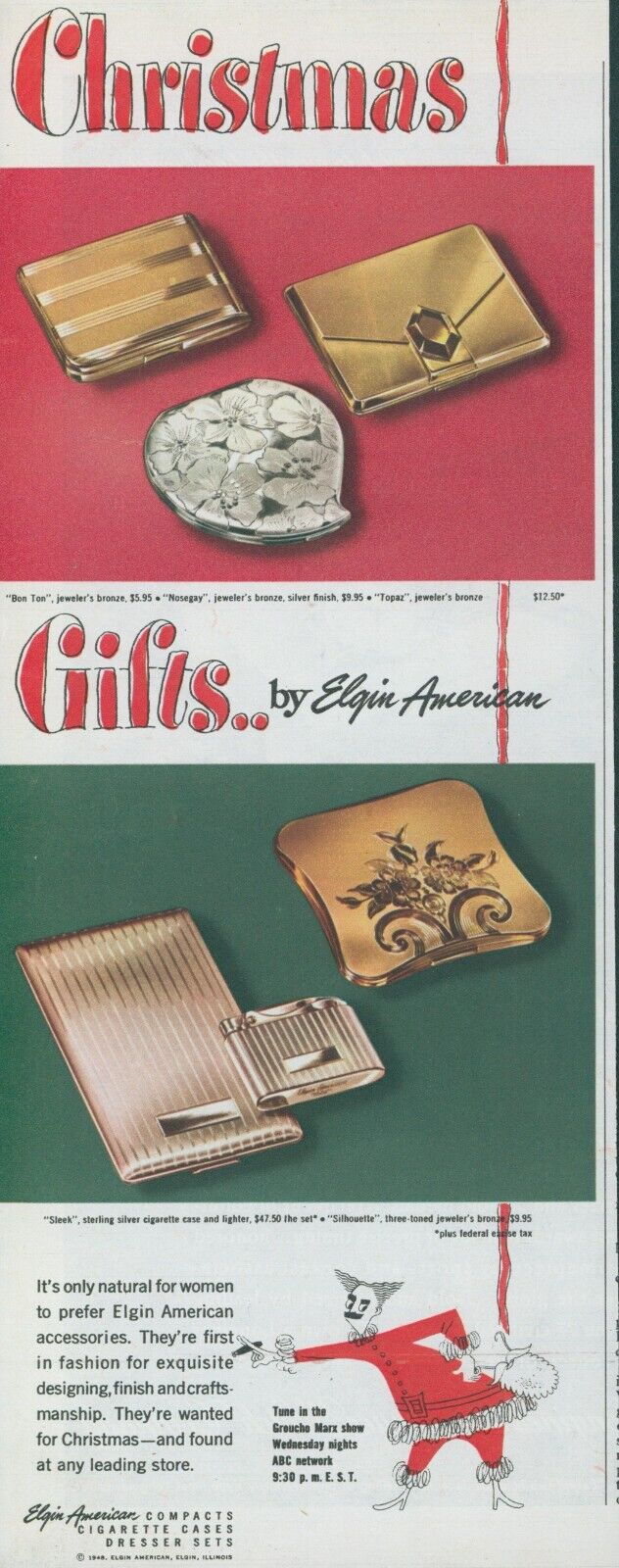 1948 Elgin Cigarette Case Lighter Groucho Marx Santa Claus Vintage Print Ad C2