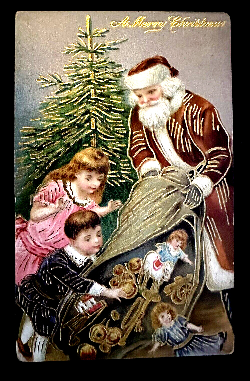 Santa Claus~Pours Sack Full of Toys~As Children Watch~Christmas Postcard~k339