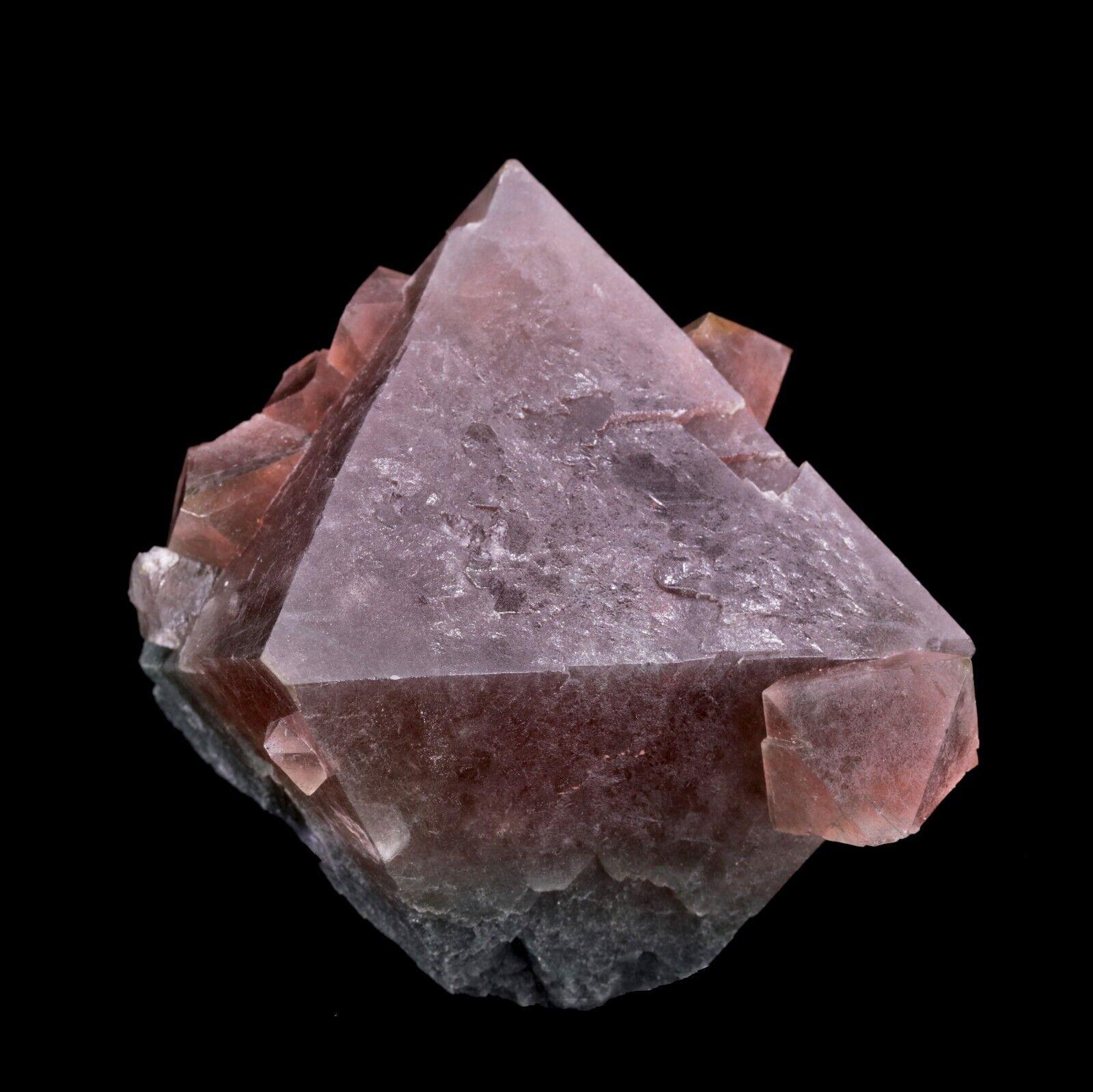 Nice Large Pink-Red Octahedral Fluorite Crystal w/ Byssolite Inclusions - China
