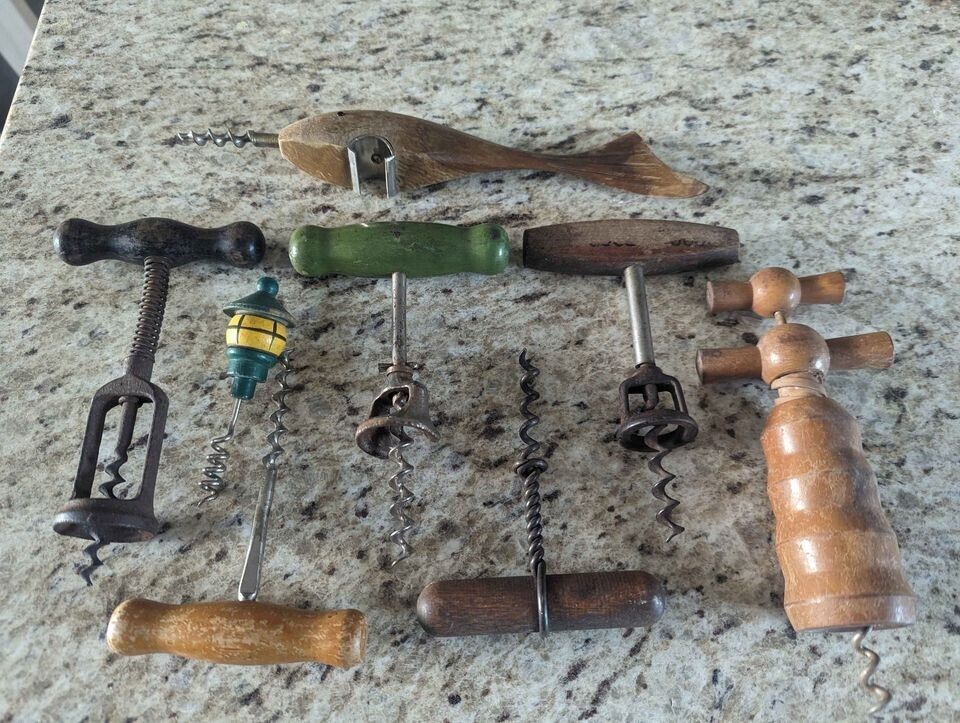 Total of 8 Cork Screw Bottle Openers Old Antique Fish