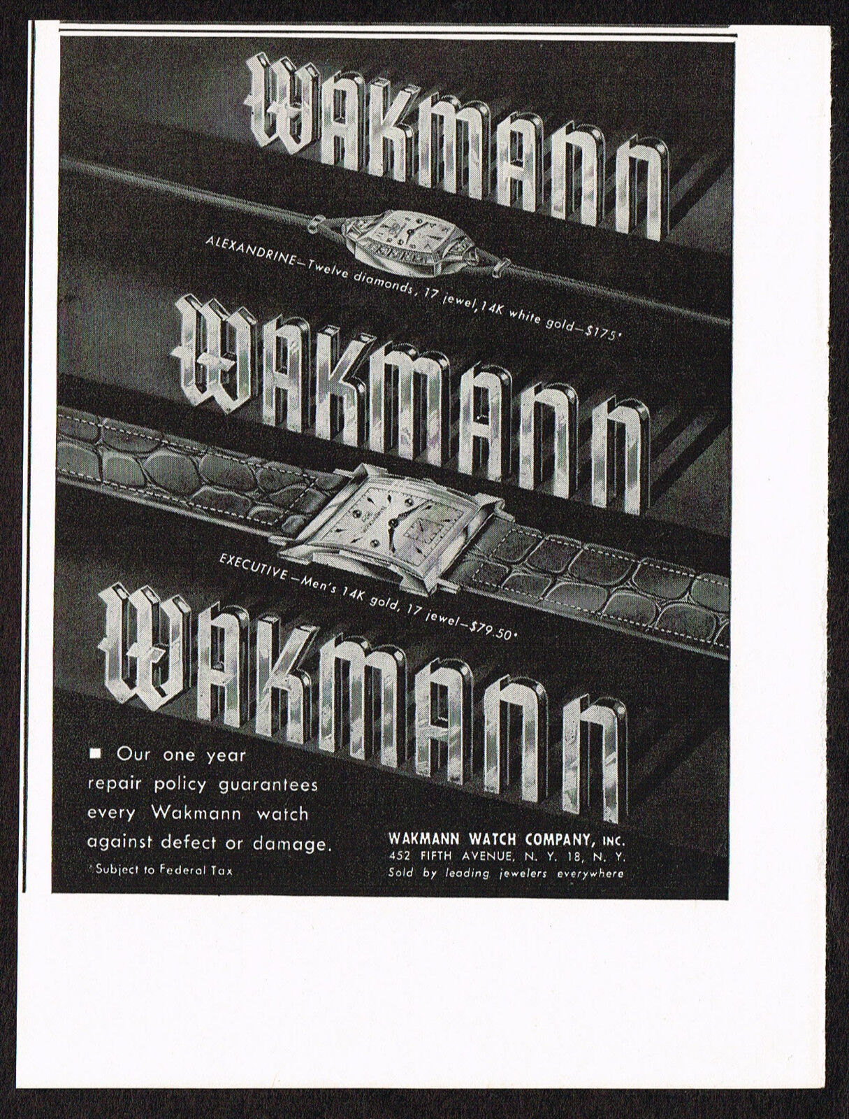 1940s Original Vintage Wakmann Watch Print Ad