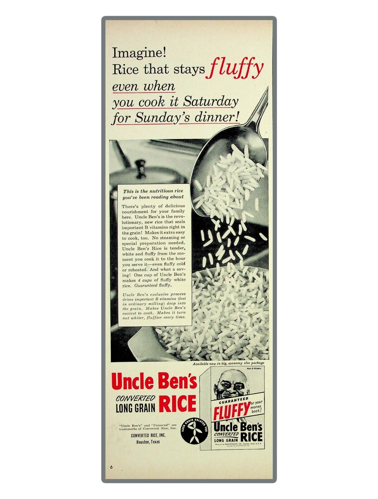 Uncle Ben\'s Rice Fluffy Even When You Cook Sat for Sun Vintage Print Ad 1952