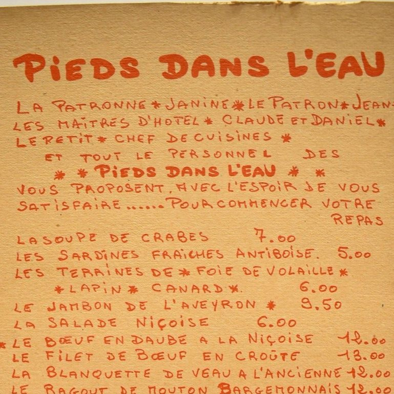 1967 Les Pieds dans l\'Eau Restaurant Menu 39 Boulevard du Parc Neuilly-sur-Seine