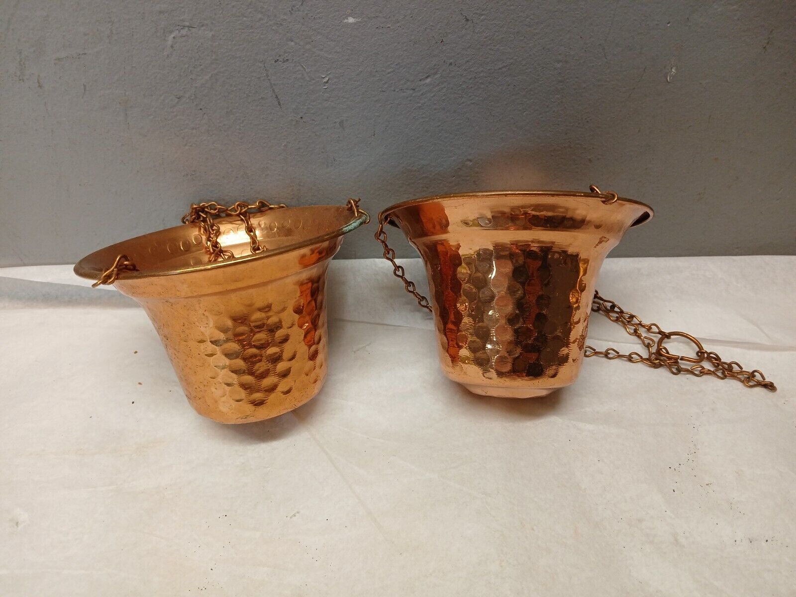 2 Vintage Hammered Copper Small Chain Hanging Planter 