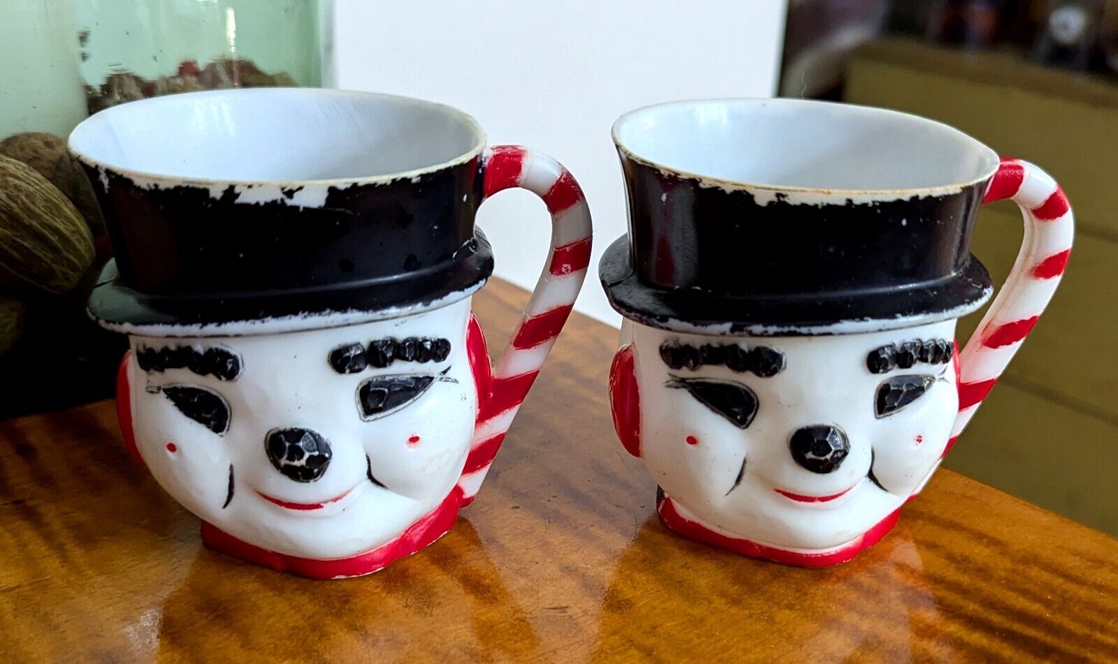 Vintage Set Snowman Plastic Mug Christmas Cup F&F Mold Die Works USA Dayton Ohio