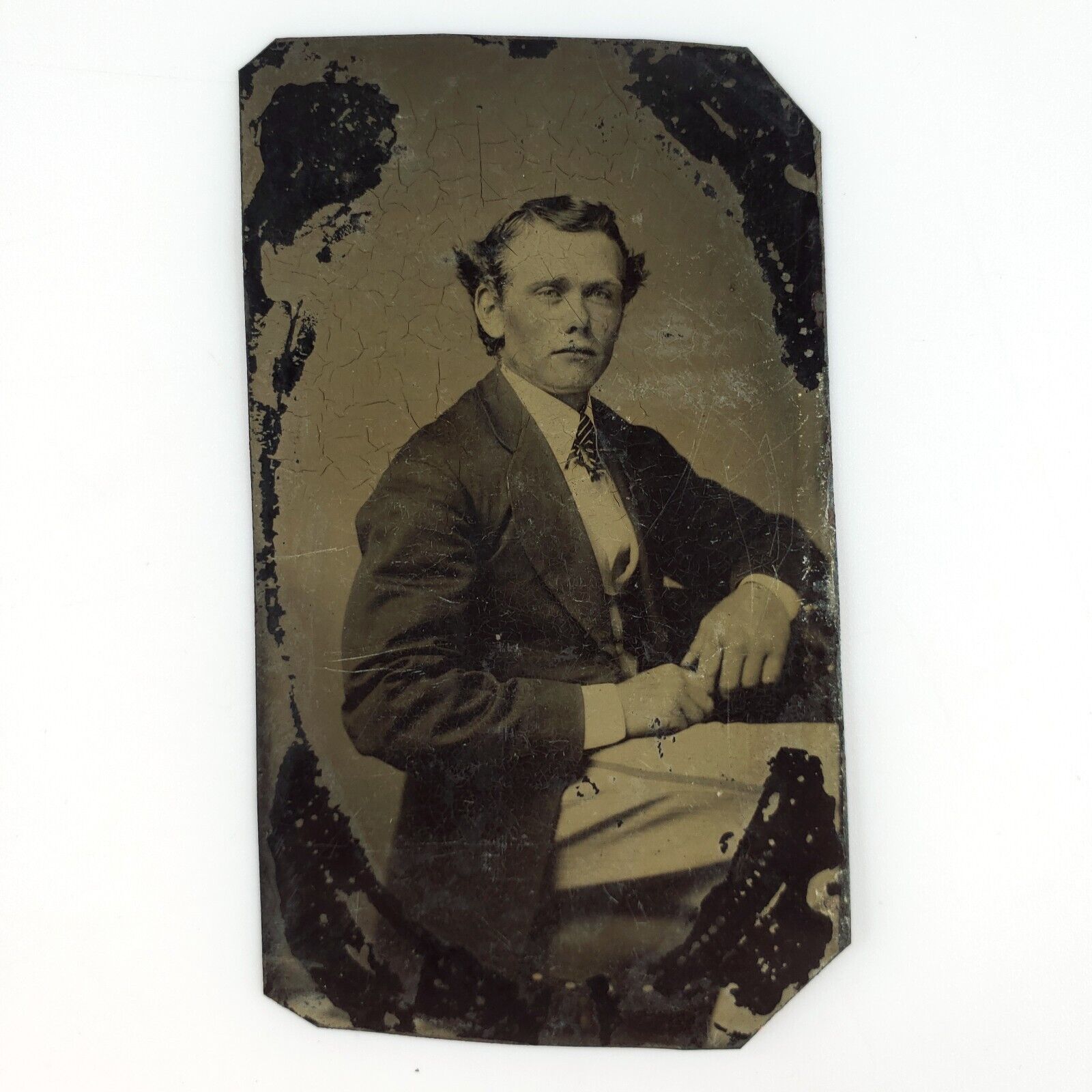 Revealed Young Handsome Man Tintype c1870 Antique Sitter 1/6 Plate Photo A3609