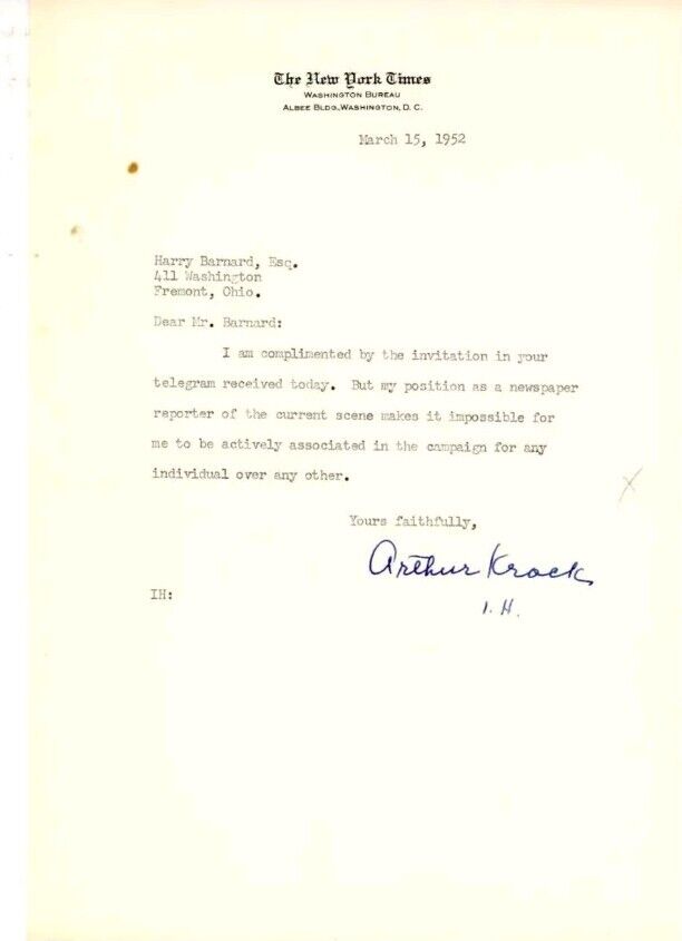 SIGNED Pulitzer Prize Journalist Arthur Krock Signed Letter 1952 Autograph 