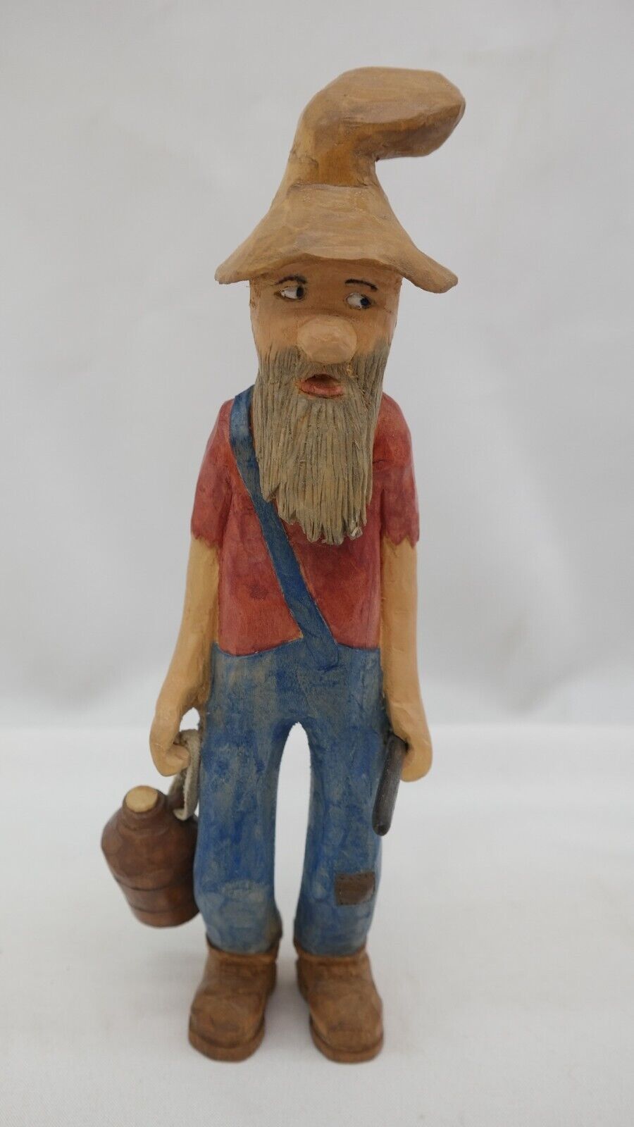 Vintage Hillbilly Wood Carving Folk Art Man Farmer w/ Moonshine Jug & Gun   VY