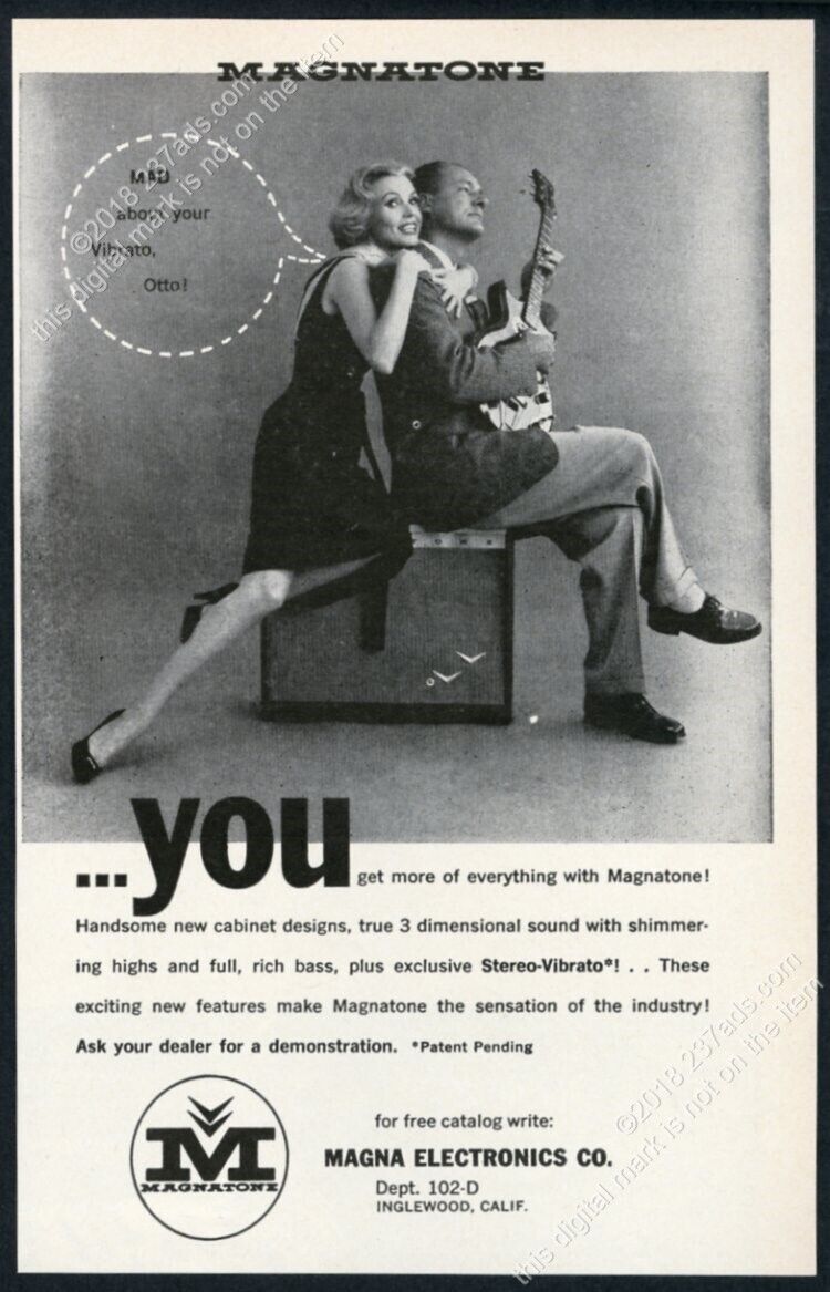 1957 Magnatone amp amplifier woman man guitar photo vintage print ad