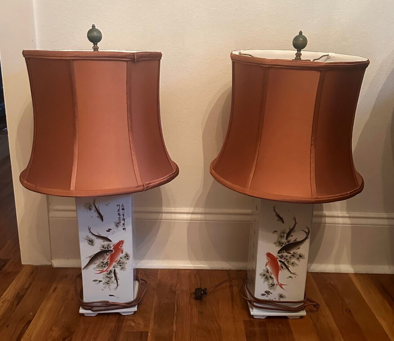 Pair of 2 Vintage Chinese Porcelain Fish Koi Carp Squae Vase Table Lamps, 27