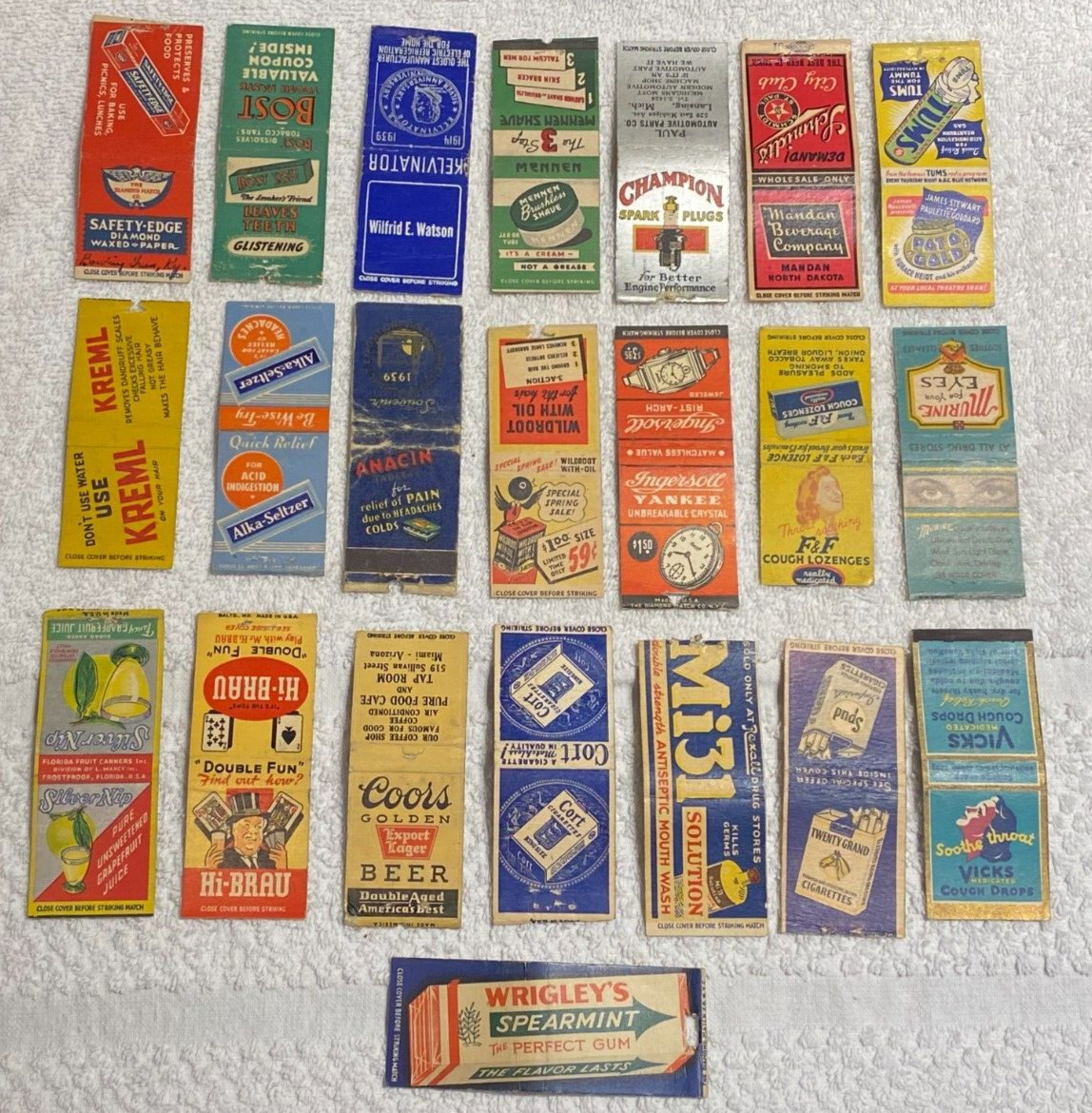 22 Vintage 1930's Matchbook Covers - Rare Lot Wrigley's / Coors / Tums / Vicks