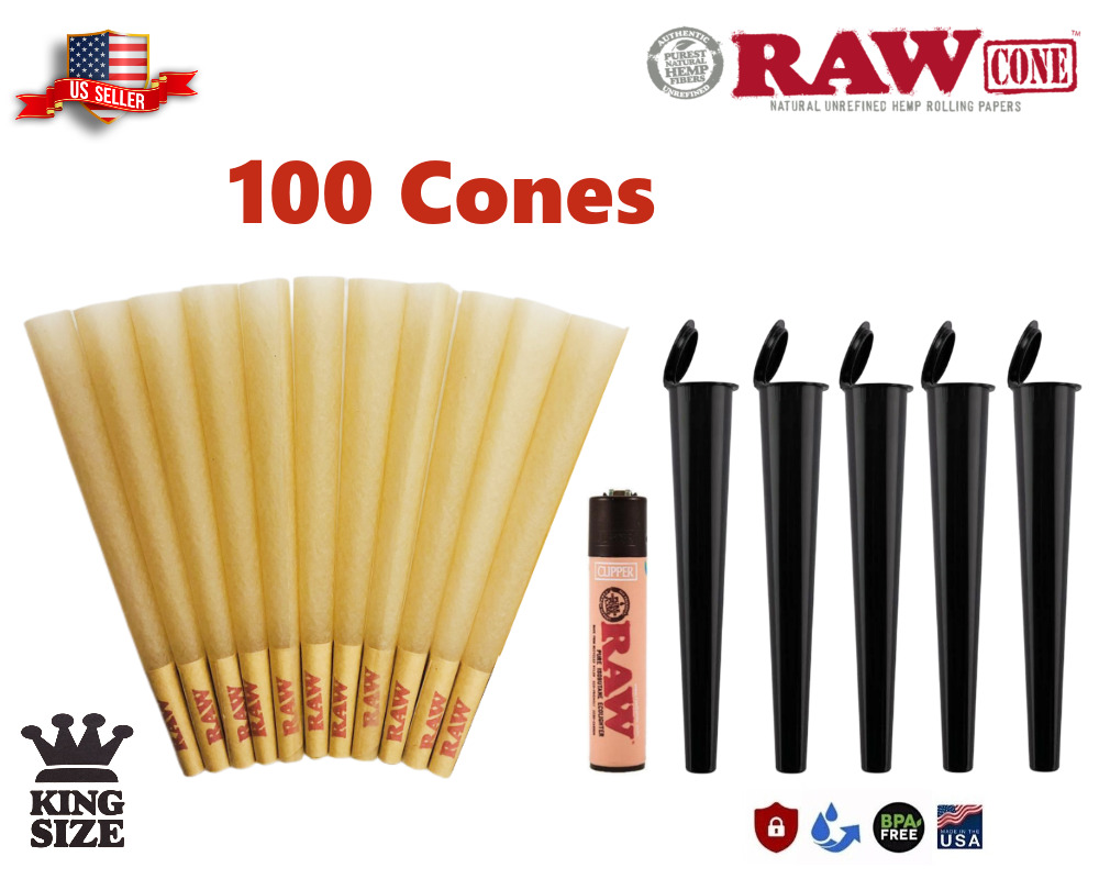 RAW Classic King Size Pre-Rolled Cones 100 Pack & Clipper Lighter & 5 TubeS