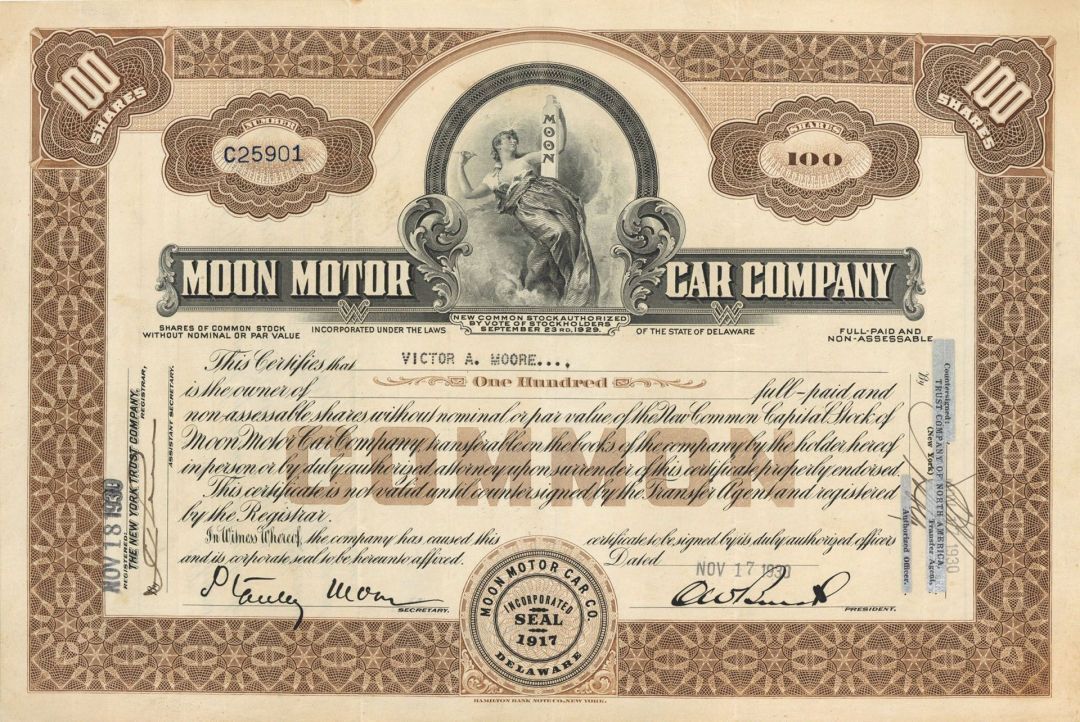 Moon Motor Car Co. - 1930 dated Automotive Stock Certificate - Automotive Stocks