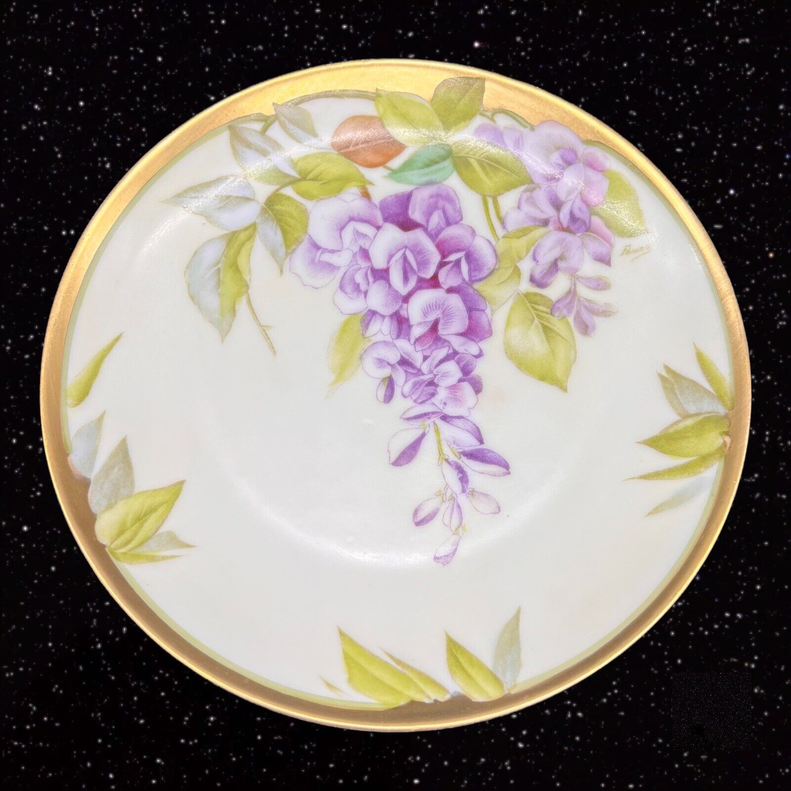 Vintage PNT BAVARIA Hand Painted Heavy Gold Plate W Purple Flowers Signed 8.5”D