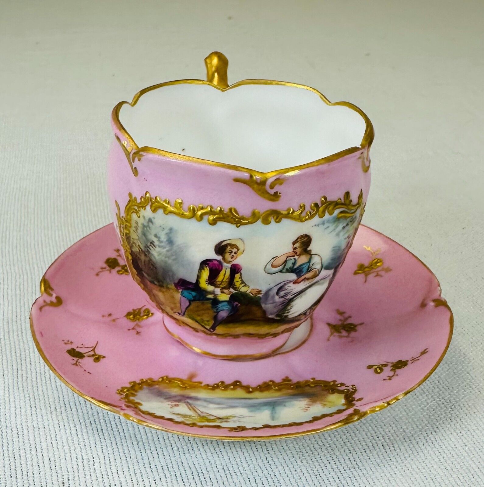 OLD PARIS Tea Cup & Saucer Painted Victorian Pink & Gold Scene Demitasse