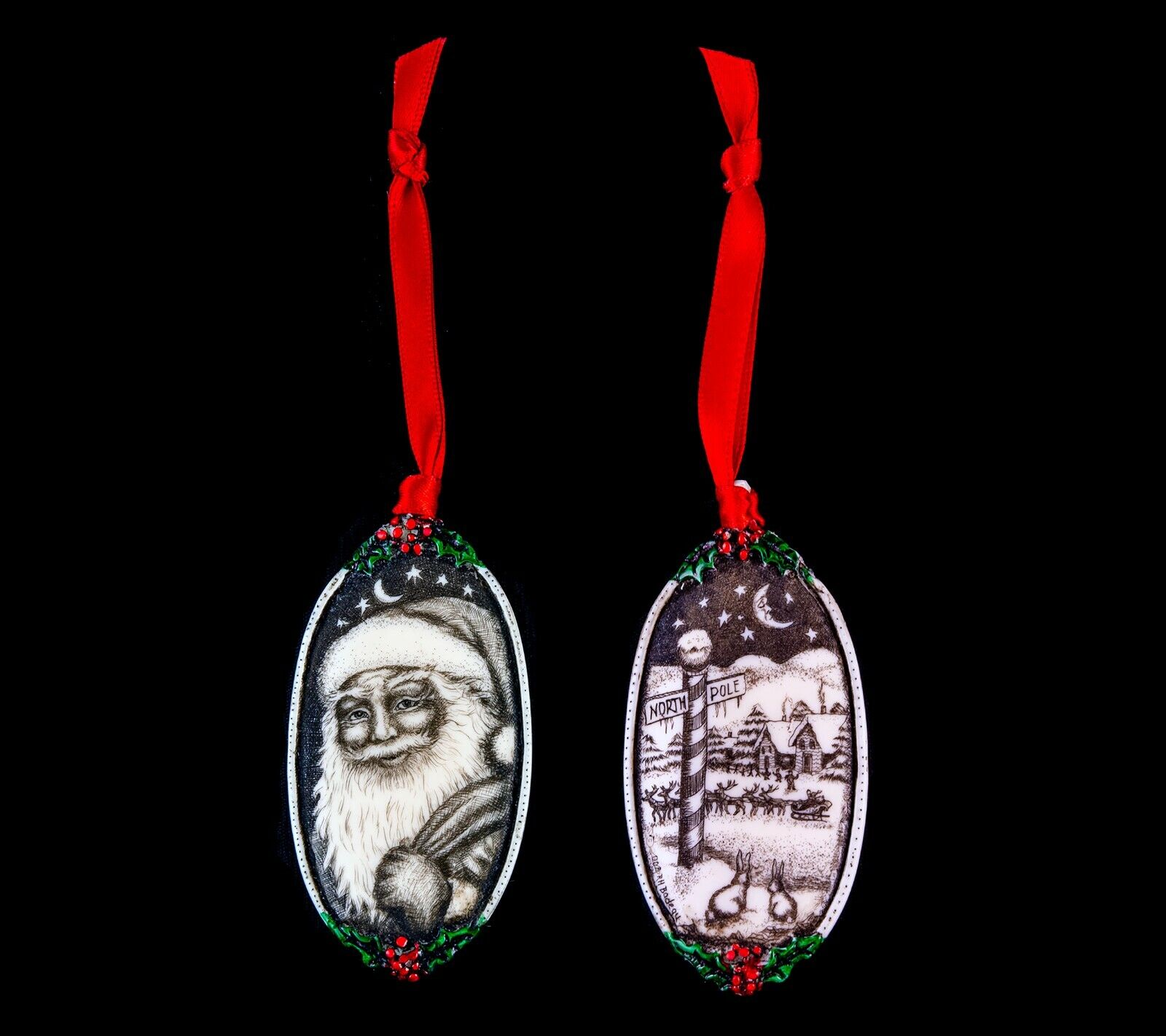 Double Sided Santa Themed Ornament.  Moosup Valley, Rachel Badeau, Etched