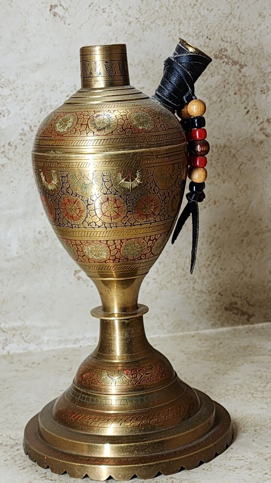 Vintage Brass Hookah / Incense Burner Enamel Etched Vase DIY - Unique Engraved