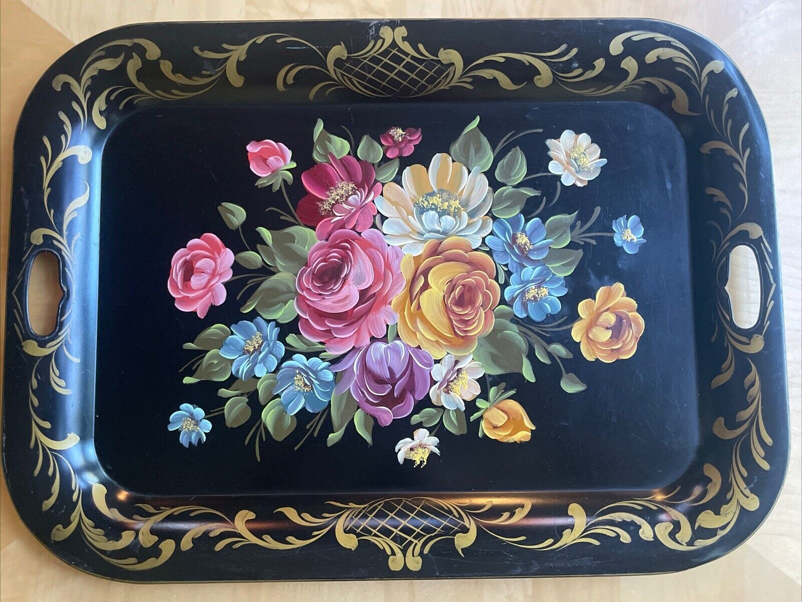 Antique Vintage Nash Co Handpainted Floral Tole Ware Metal Serving Tray 26”x19”