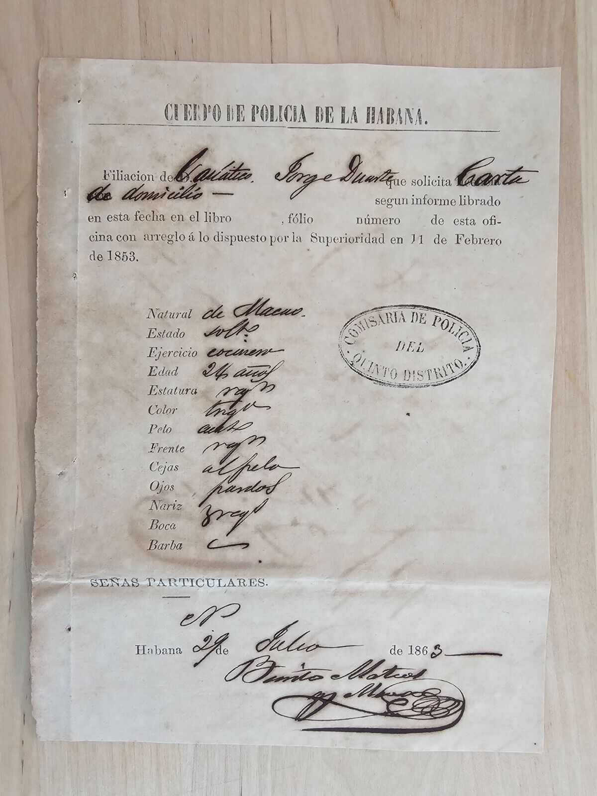 ANTIQUE 1863 CHINA CHINESE SLAVES HAVANA CUBA CONTRACT DOCUMENT SIGNED