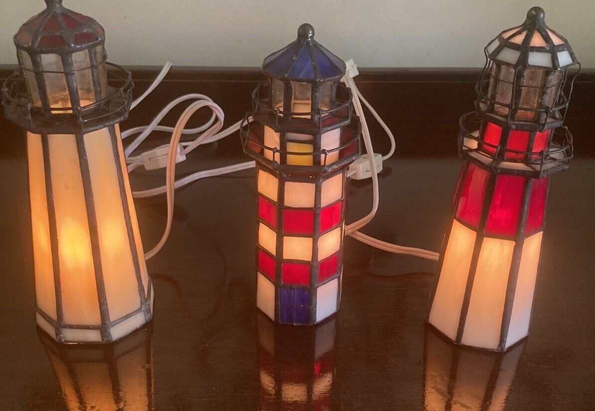 VTG Lighthouse LampsStained Glass Tiffany Set Of 3 Nautical Beach House Decor