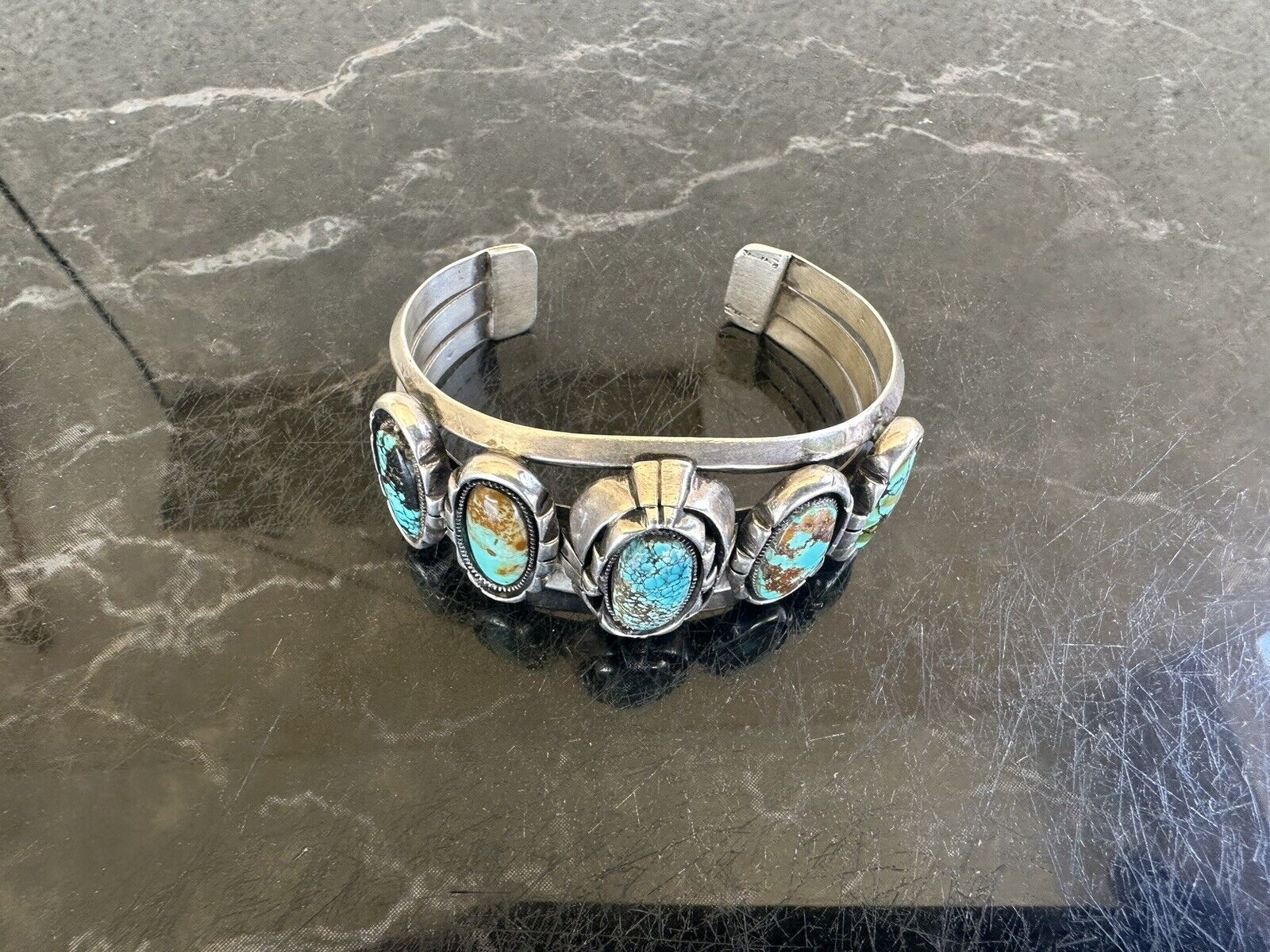 Vintage Navajo Sterling Silver 5 Stone Turquoise Cuff Bracelet 