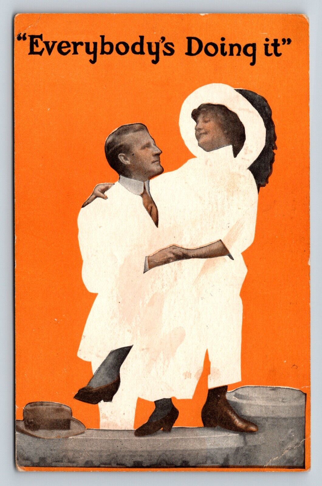  c1914 Man & Woman on Orange Background Everybody's Doing It VINTAGE Postcard