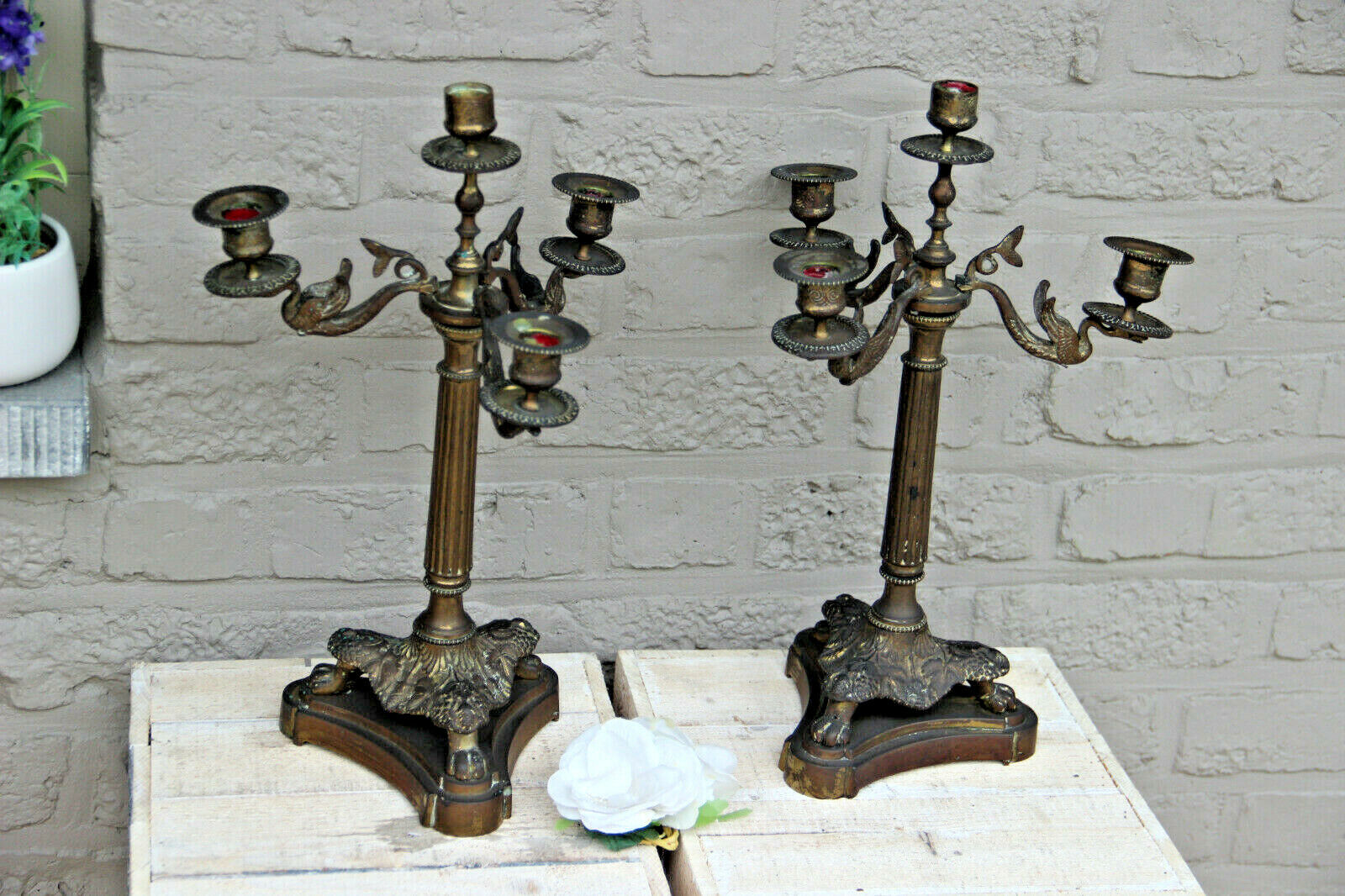 Gorgeous French pair bronze candle holders empire swan arms lion paws 