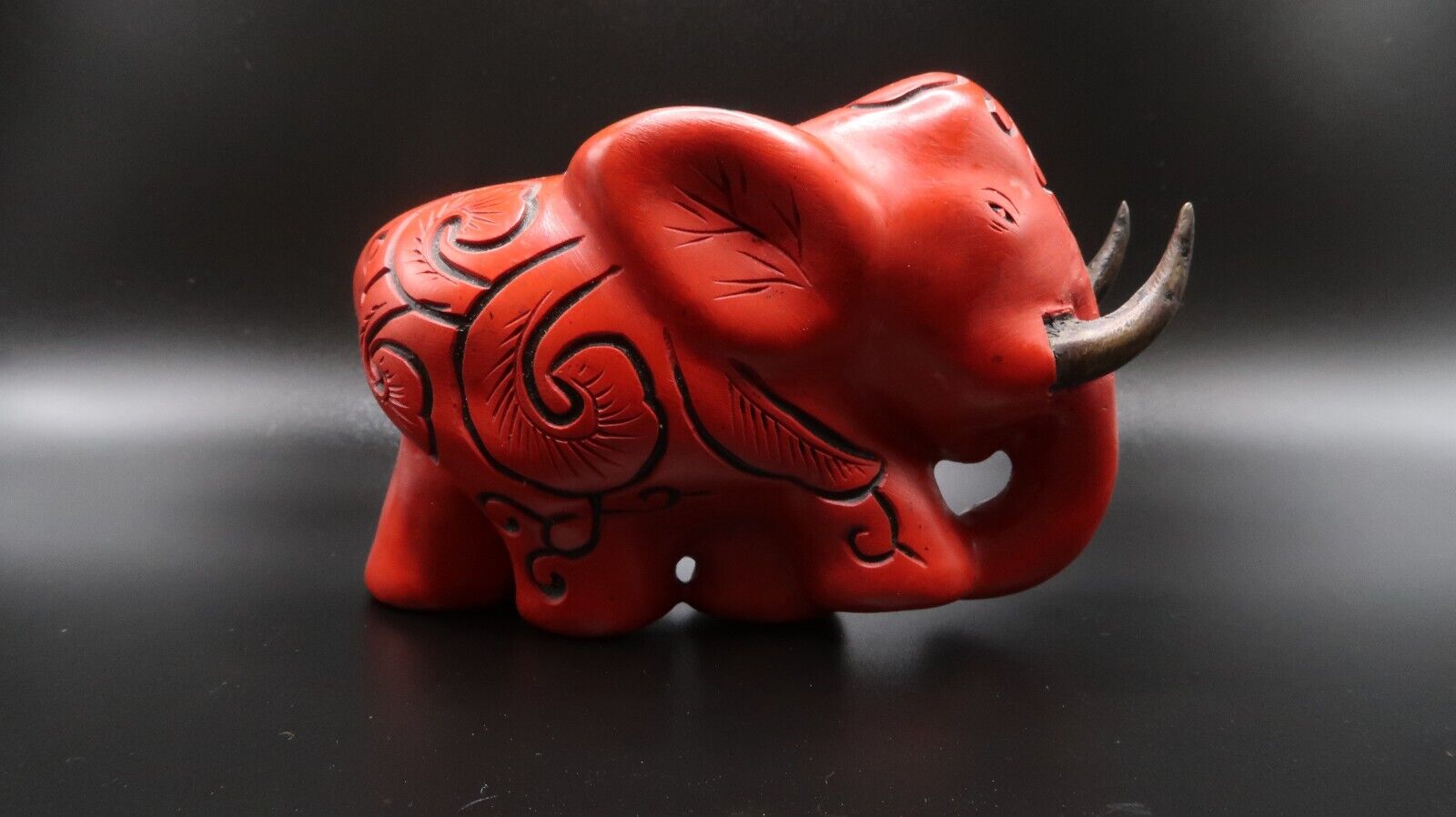 Antique Red Cinnabar Chinese Elephant Brass Tusks Figure 3.75 