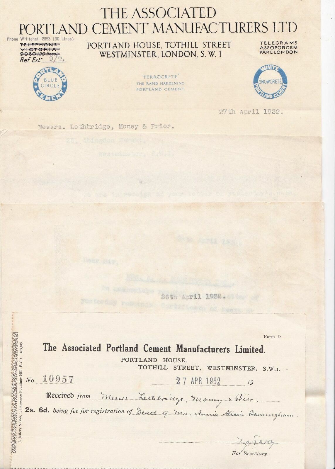 THE ASSOCIATED PORTLAND CEMENT MANFS. LTD. London 1932 Logos Letters Ref 46470