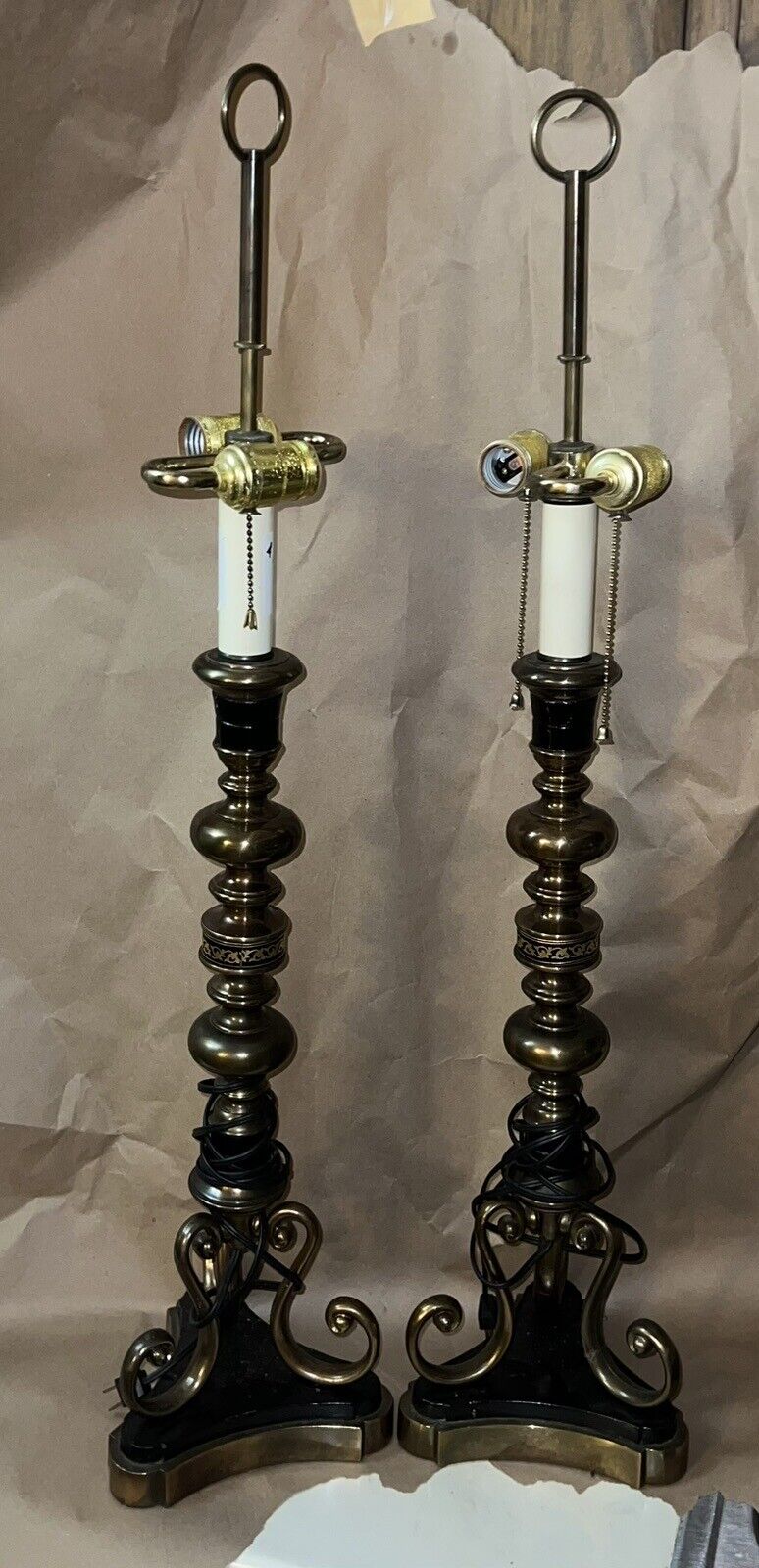 Large 36” Pair of Antique Leather & Giltwood Baluster Table Lamp
