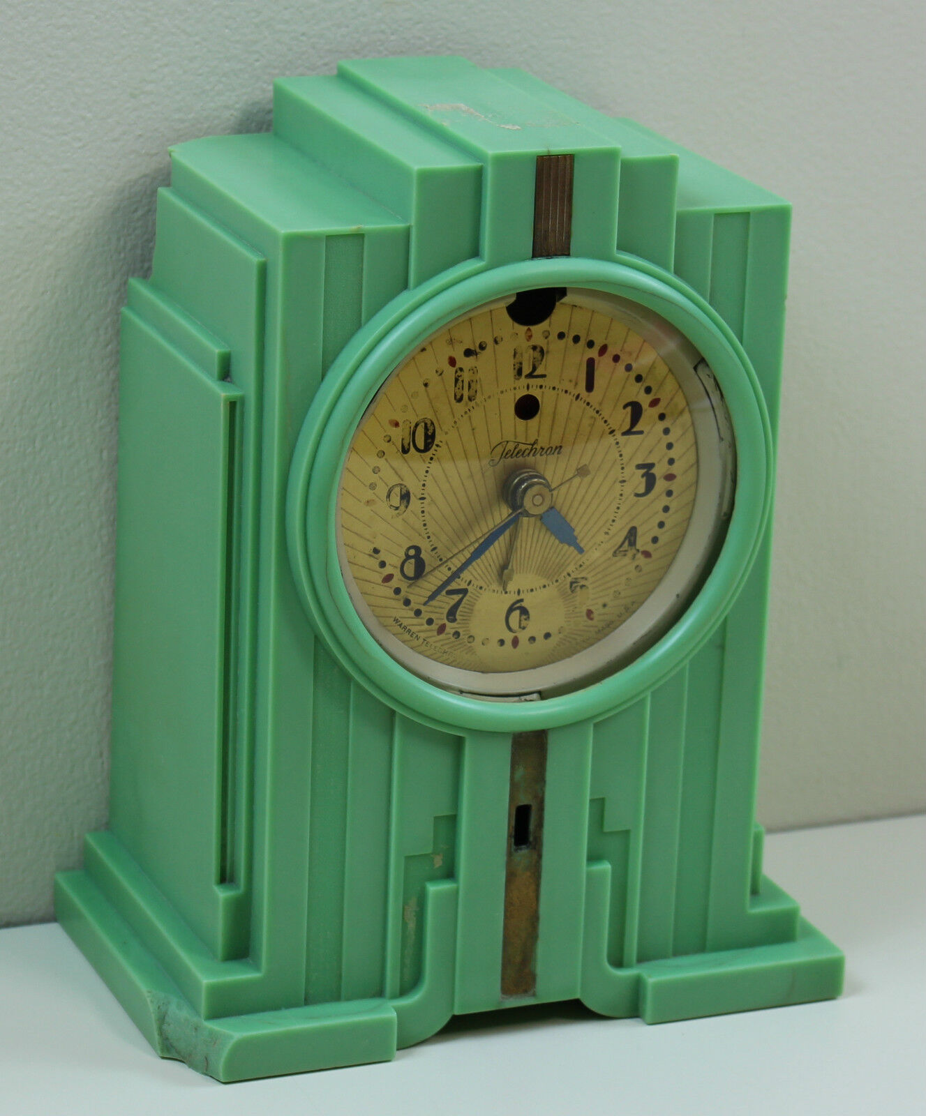 1920's Vintage TELECHRON Electrolarm 700 Art Deco GREEN Clock- Works-Skyscraper 