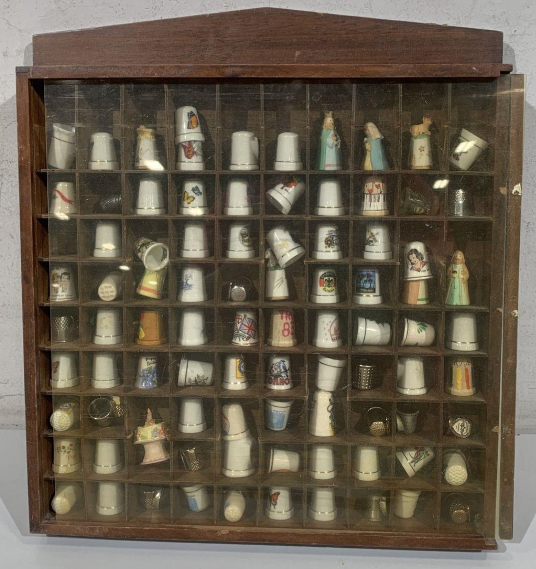 Wooden Thimble Display Case with 56 Thimbles Incl. Butterfly, Nativity, Disney