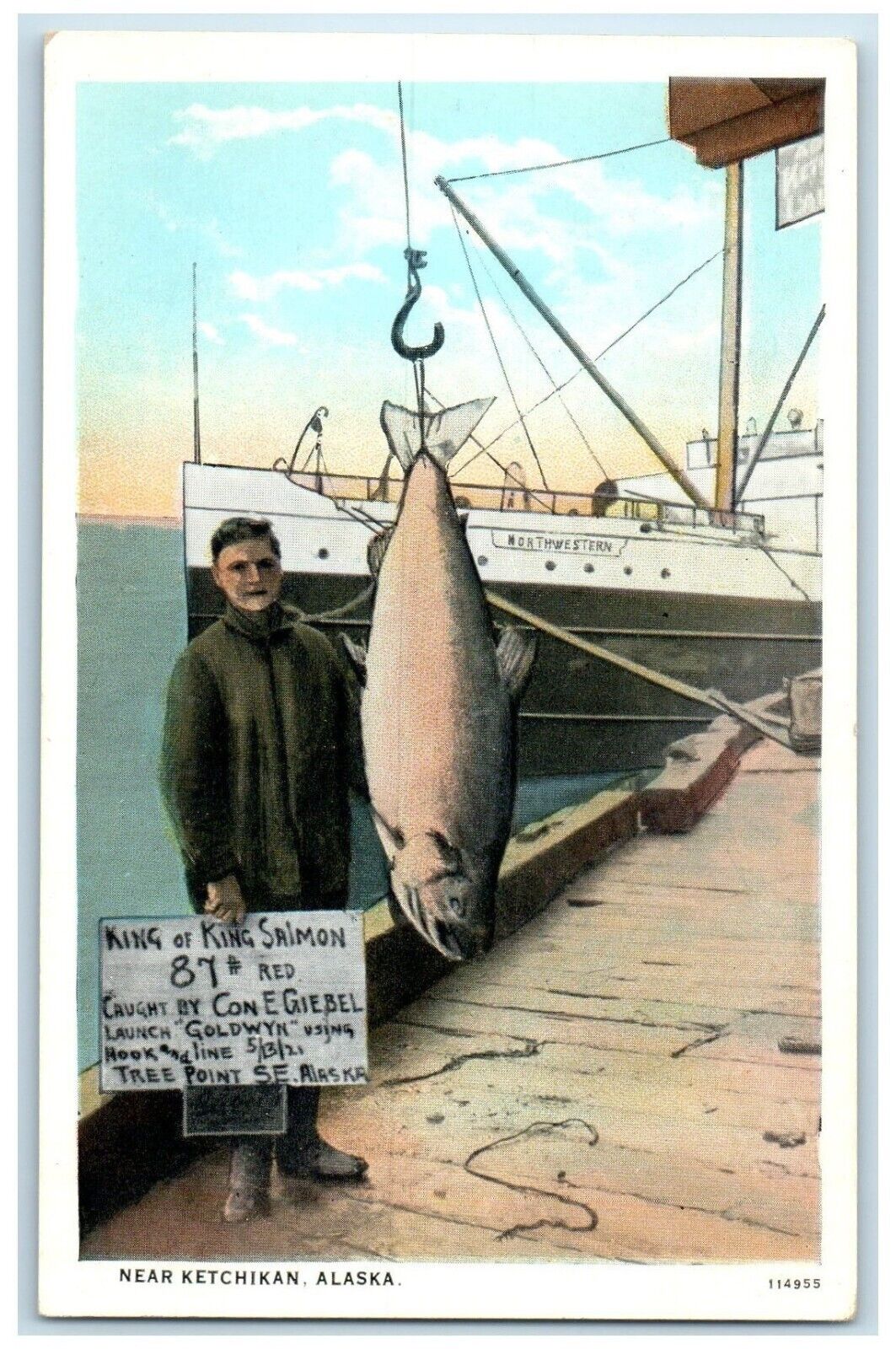 c1930's King Of King Salmon Near Ketchikan Alaska AK, Northwestern Boat Postcard