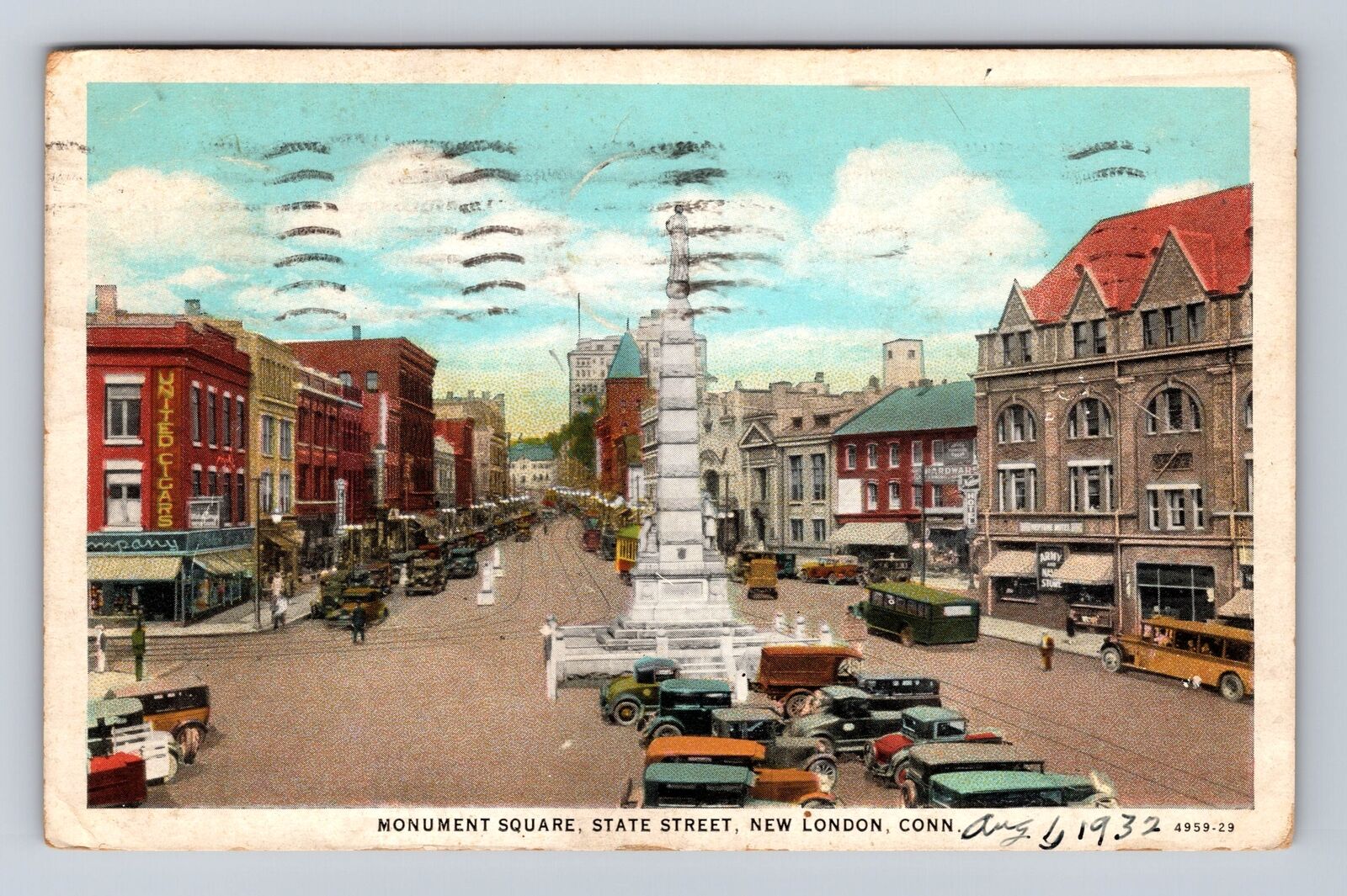 New London CT-Connecticut, Monument Square, State Street, Vintage c1932 Postcard