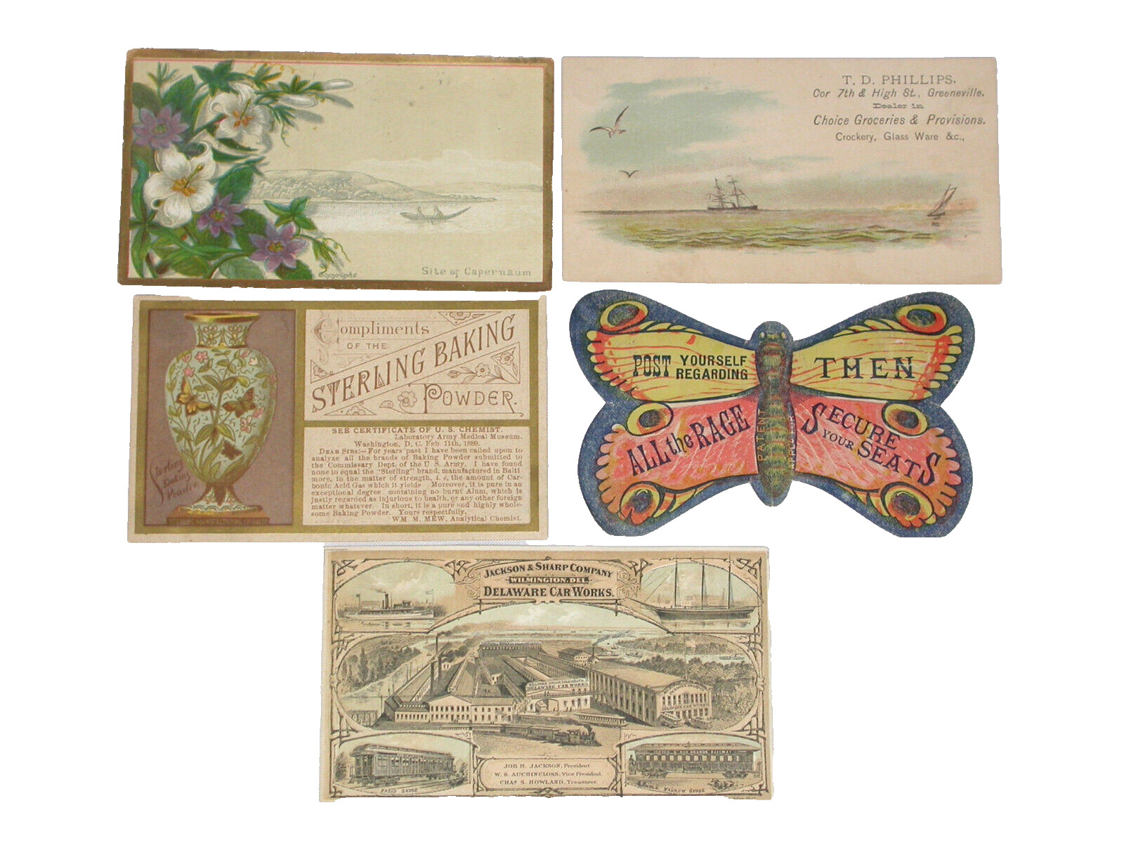 1900s Trade Card Lot Die Cut Butterfly Sterling Baking Powder Delaware Car Works