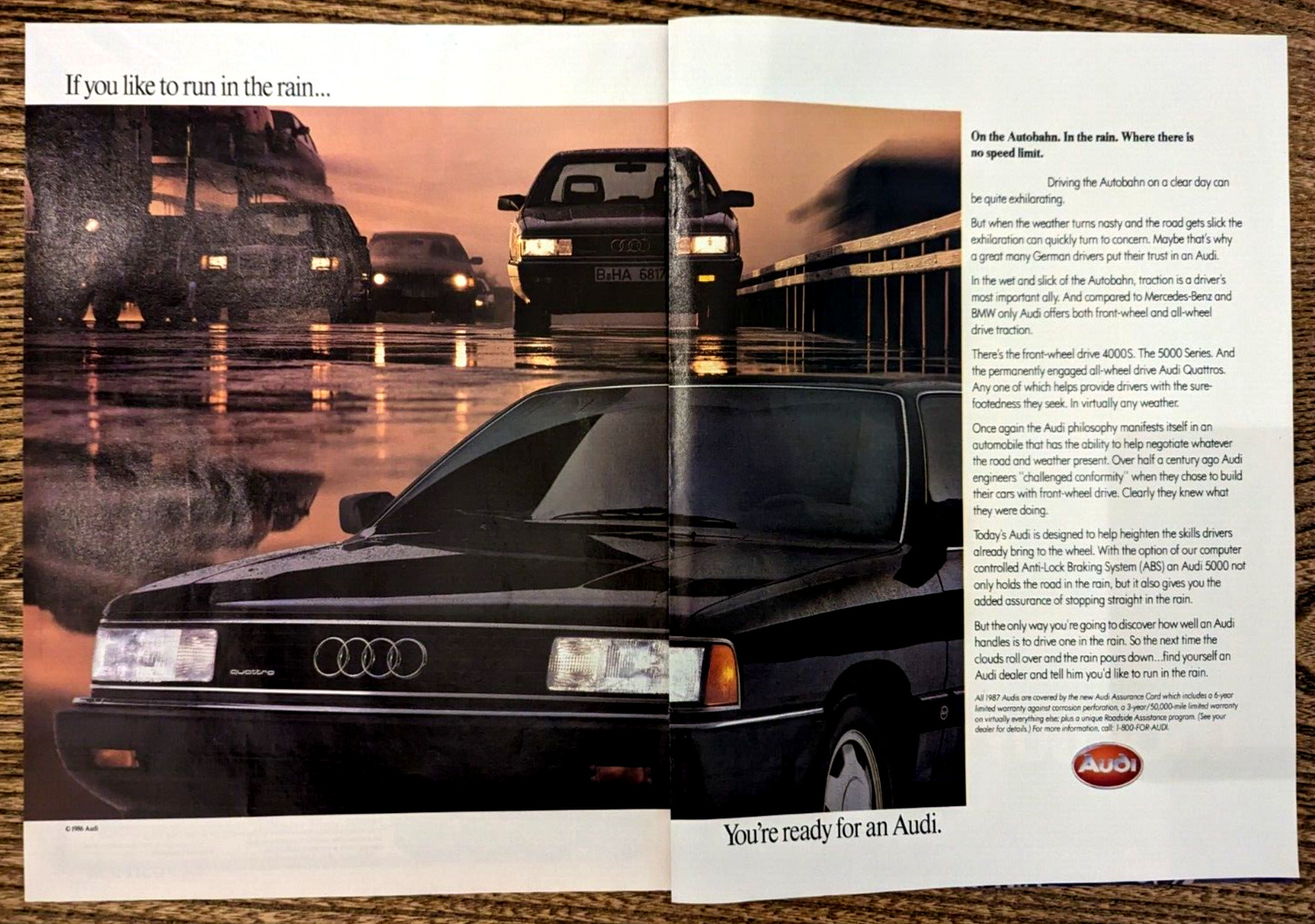1987 Audi 5000 Series Autobahn in the Rain AWD Photo 2pg Original Color Print Ad